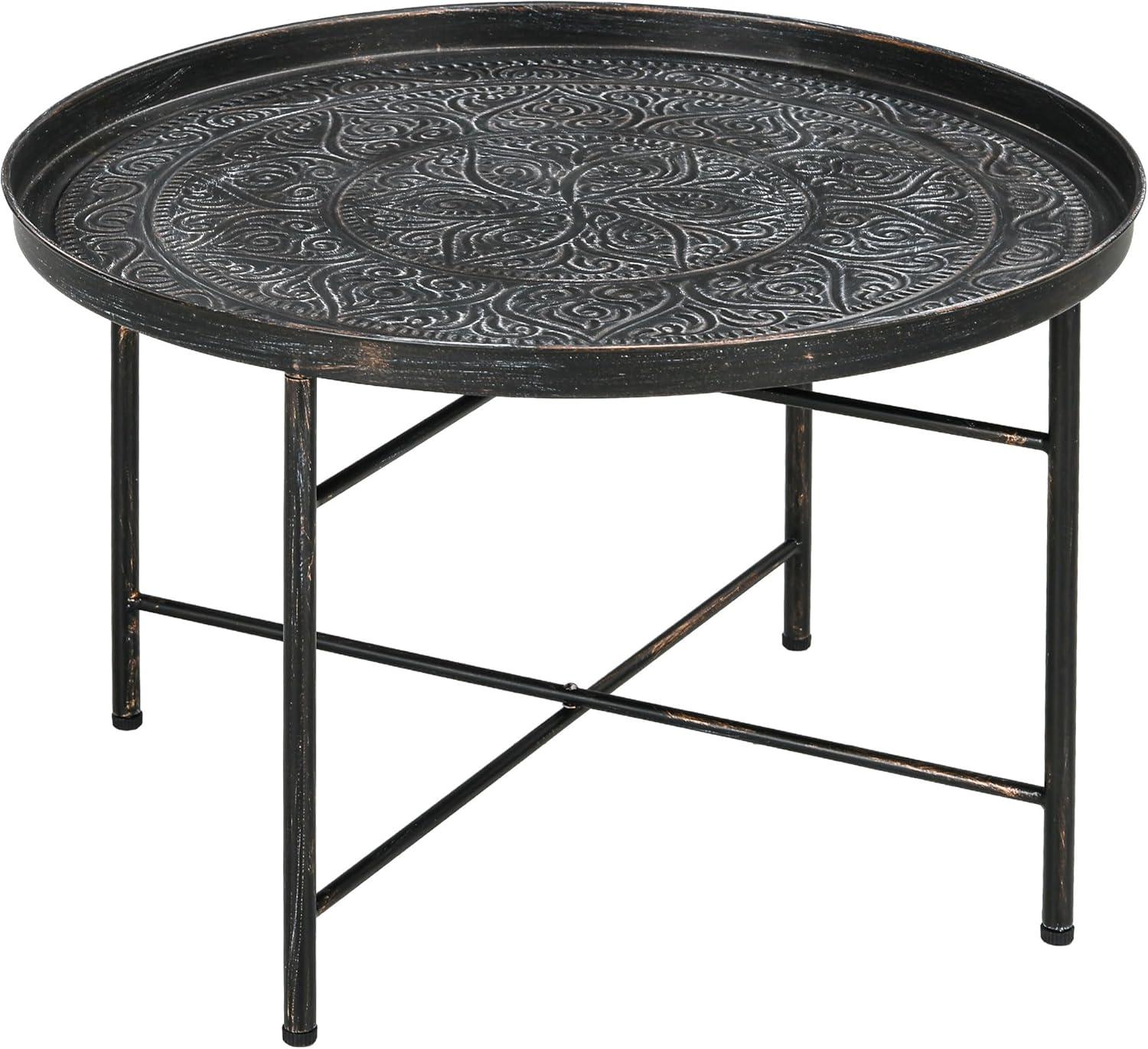 Pewter Round Metal Coffee Table with Hammered Tray Top