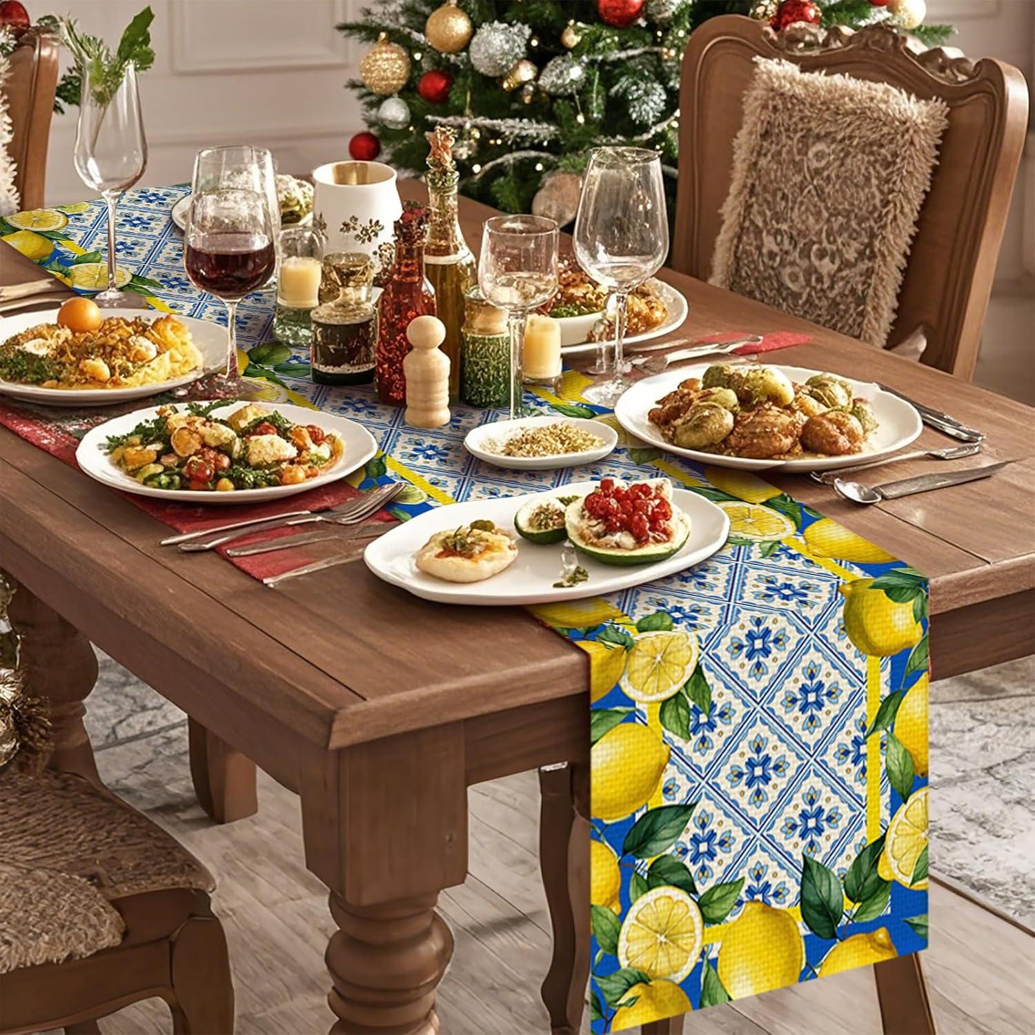 Jbralid Lemon Table Runner Spring Summer Seasonal Yellow Blue Table Runners Farmhouse Kitchen Dining Table Decoration for Indoor Outdoor Home Decor 13x72 Inch
