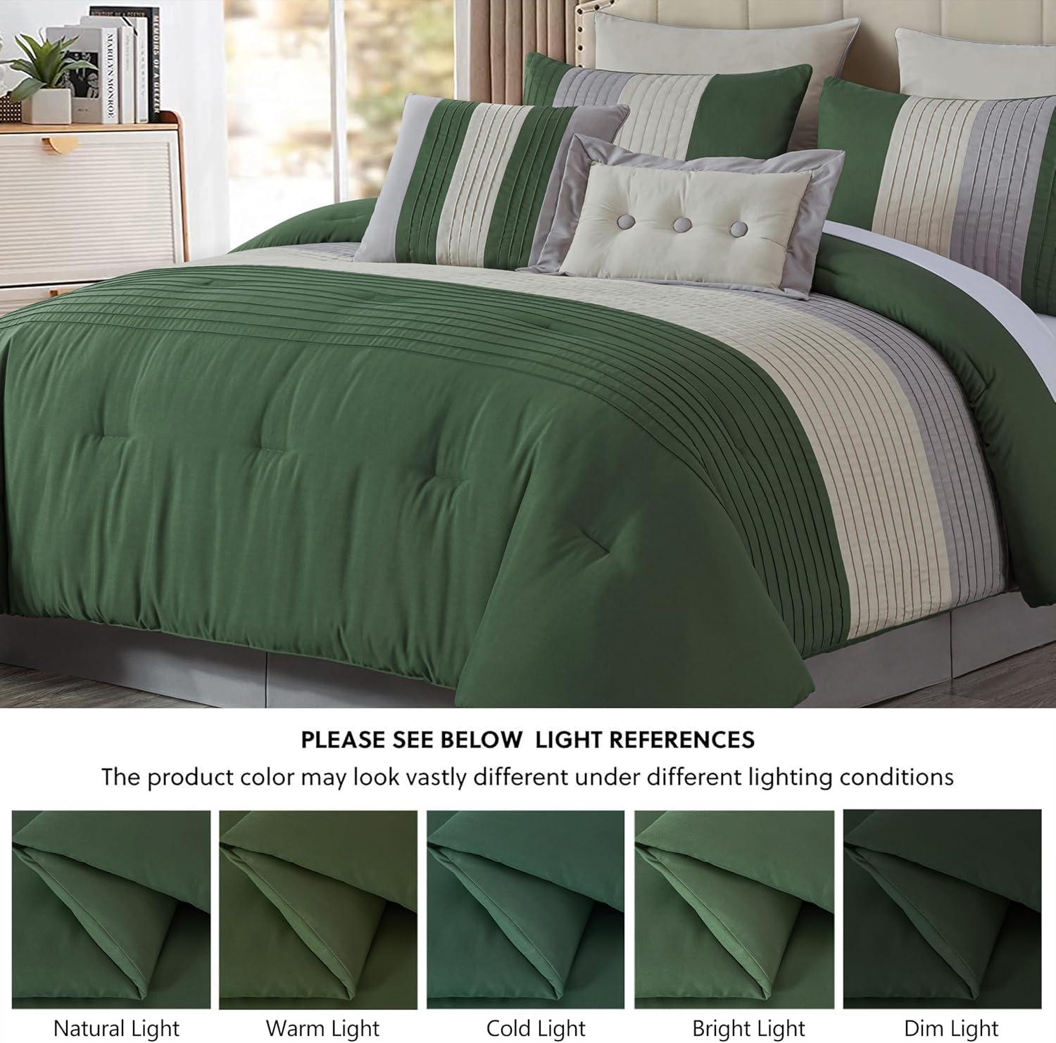 Chezmoi Collection Luxury Pleated Striped Comforter Set, Queen, Forest Green/Gray/Cream, 8-Piece