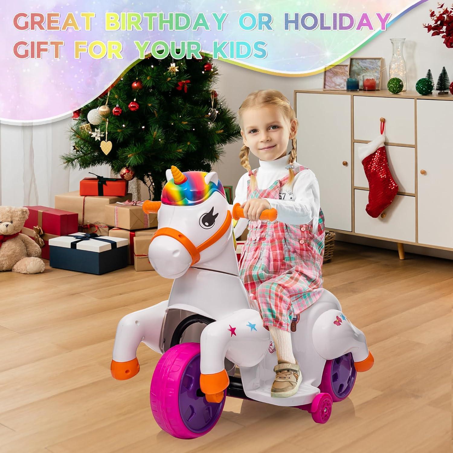 6V Multicolor Electric Unicorn Ride-On Toy with Music