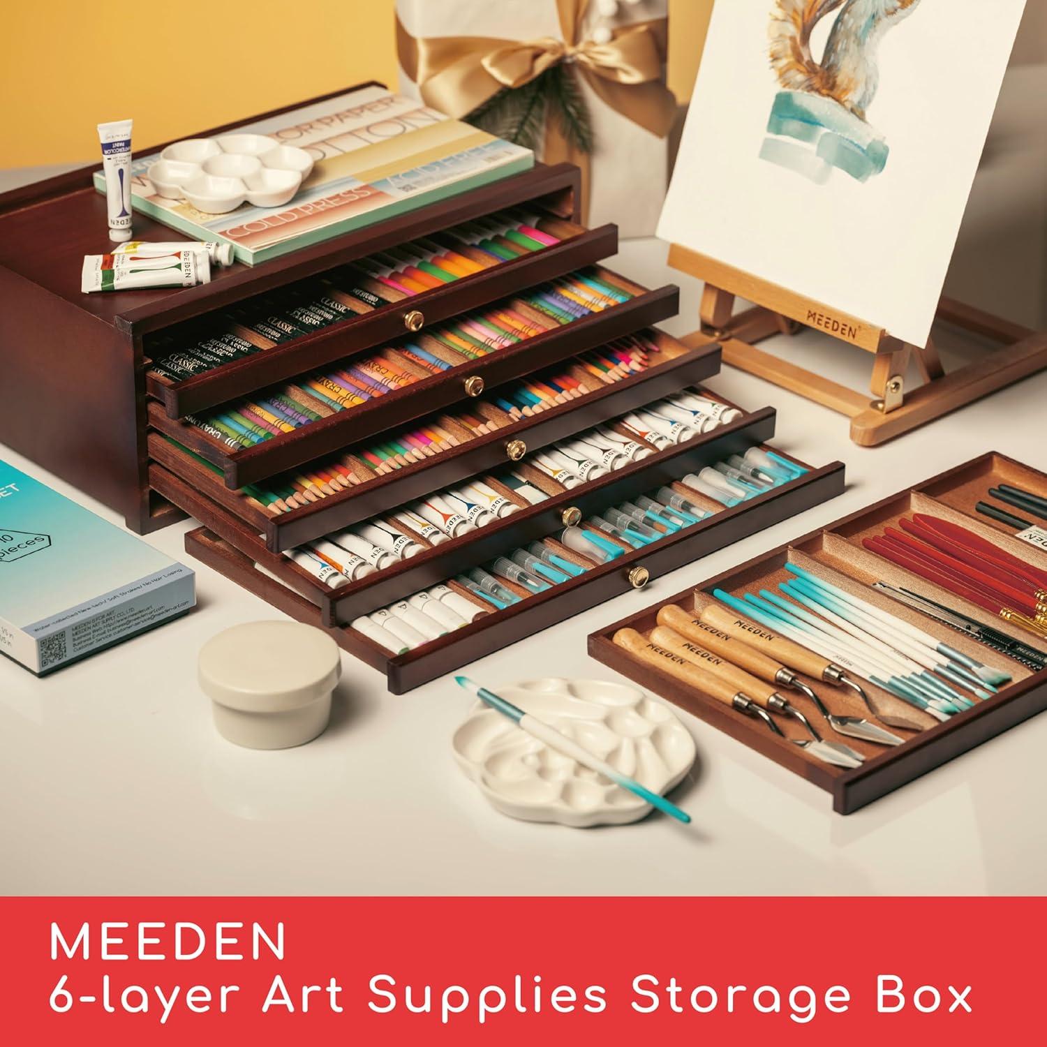 MEEDEN 6-Drawer Artist Supply Storage Box - Portable Foldable Multi-Function Beech Wood Artist Tool & Brush Storage Box with Compartments & Drawer