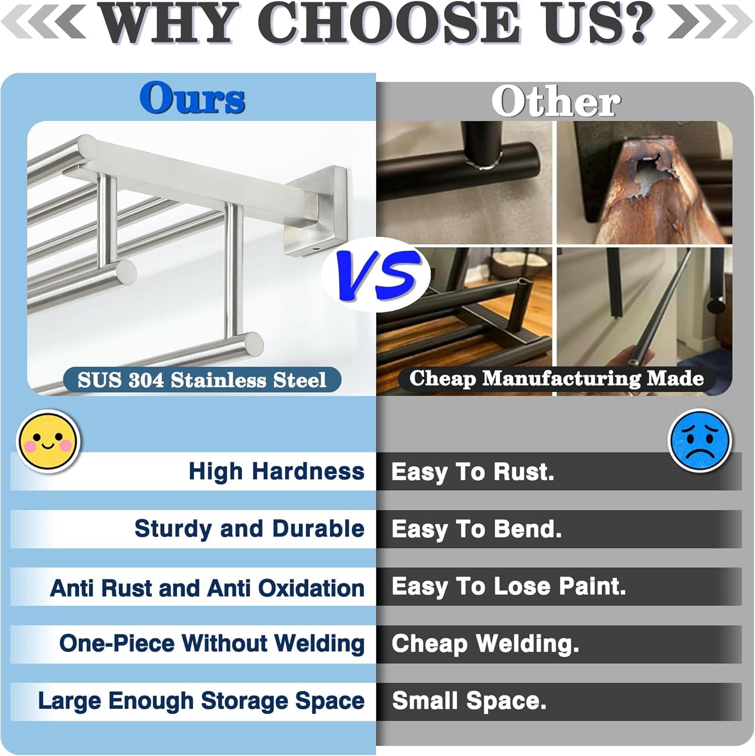 2-Tier 20" Wall Mounted Stainless Steel Bathroom Towel Rack With 2 Towel Bars Round Rods