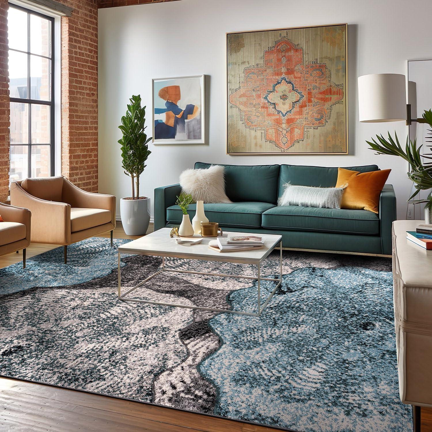 World Rug Gallery Contemporary Floral Design Area Rug - Blue 5'x7'