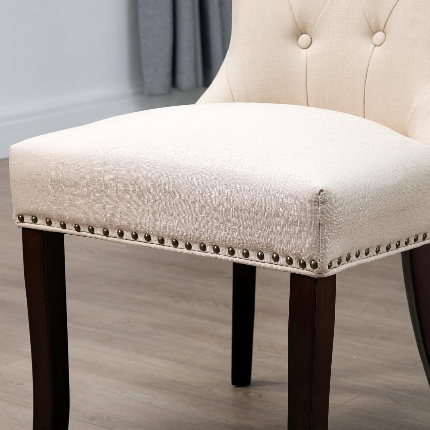 DAGONHIL Fabric Dining Chairs Set of 2, Tufted Dining Room Chairs,Upholstered Solid Wood Accent Chairs with Nail Heads and Buttons for Living Room, Beige