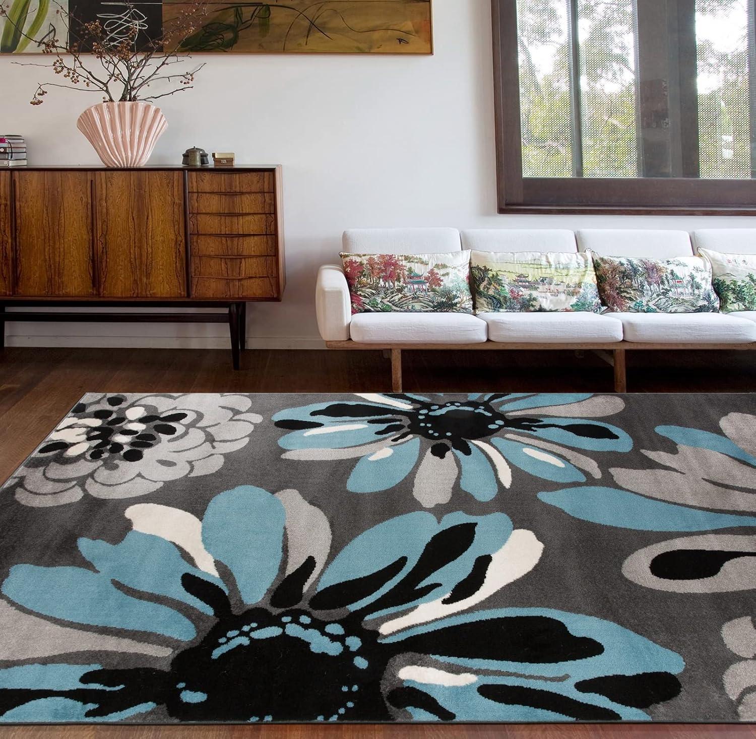World Rug Gallery Contemporary Modern Flowers Area Rug - Blue 3'3" x 5': Stain-Resistant, Low Pile, Floral Pattern