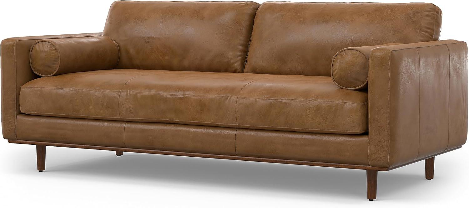 Simpli Home Morrison Genuine Leather Sofa, Mid-Century Modern Couch for Living Room, Handcrafted with Removable Cushions