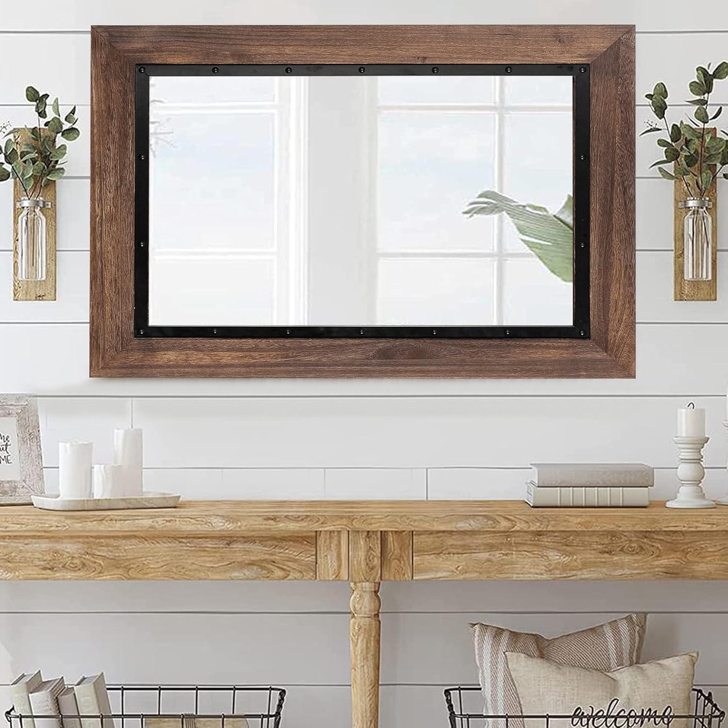 Rustic Natural Wood and Iron Rectangular Wall Mirror