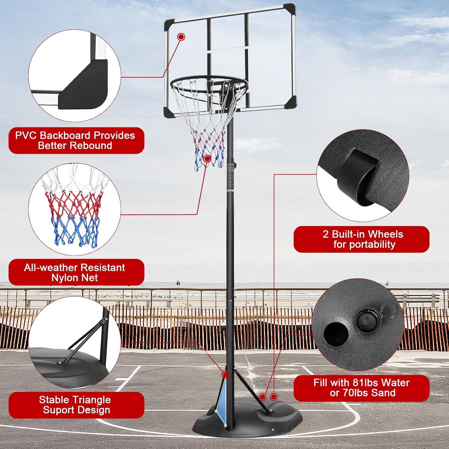 32'' Portable Basketball Hoop System, Upgraded SEGMART Indoor Outdoor Basketball Goal with 7.5ft-9.2ft Height Adjustable, Basketball Hoop Stand with 2 Wheels, Fillable Base for Youth Adults