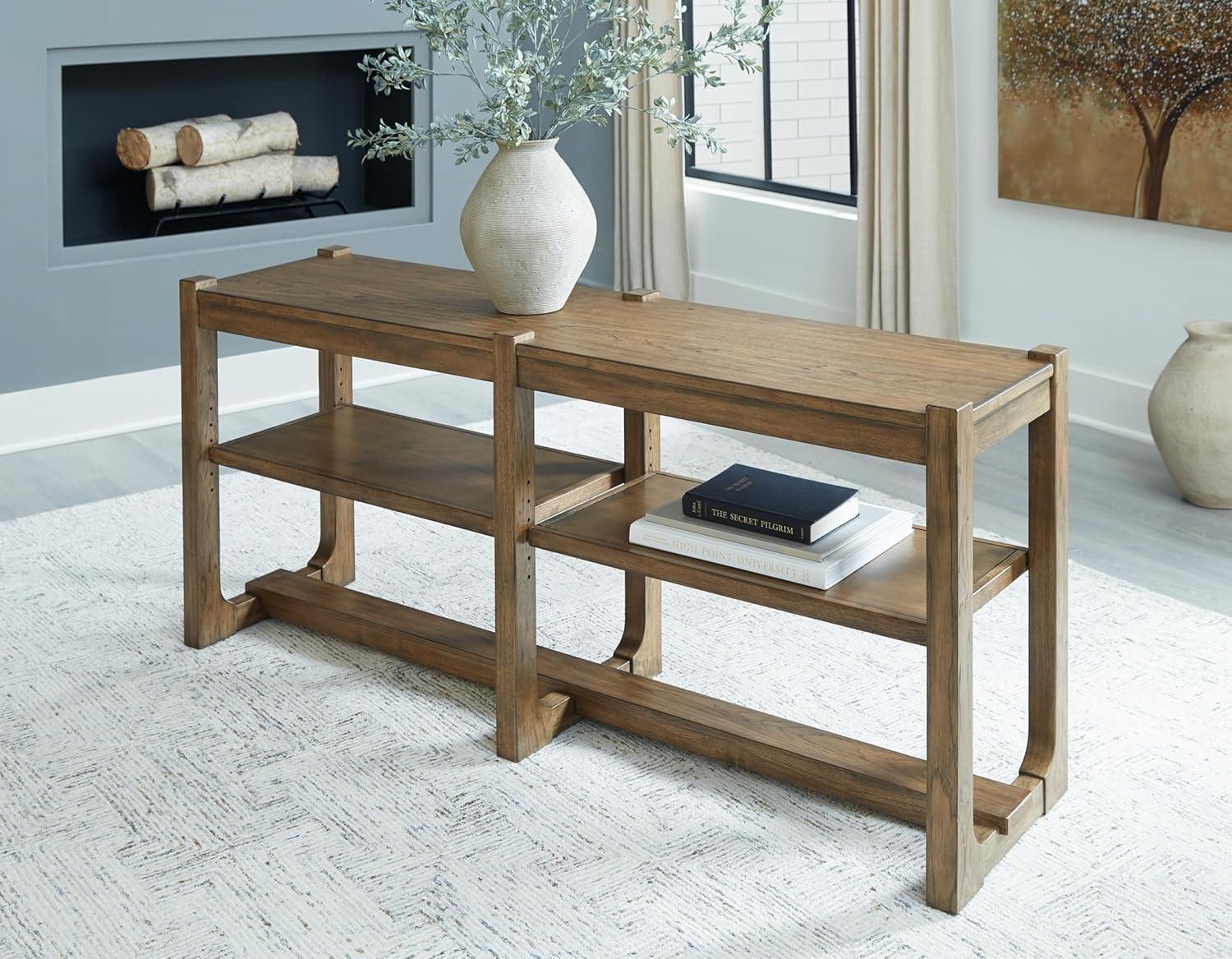 Signature Design by Ashley Cabalynn Farmhouse Sofa Table with 2 Adjustable Shelves, Light Brown