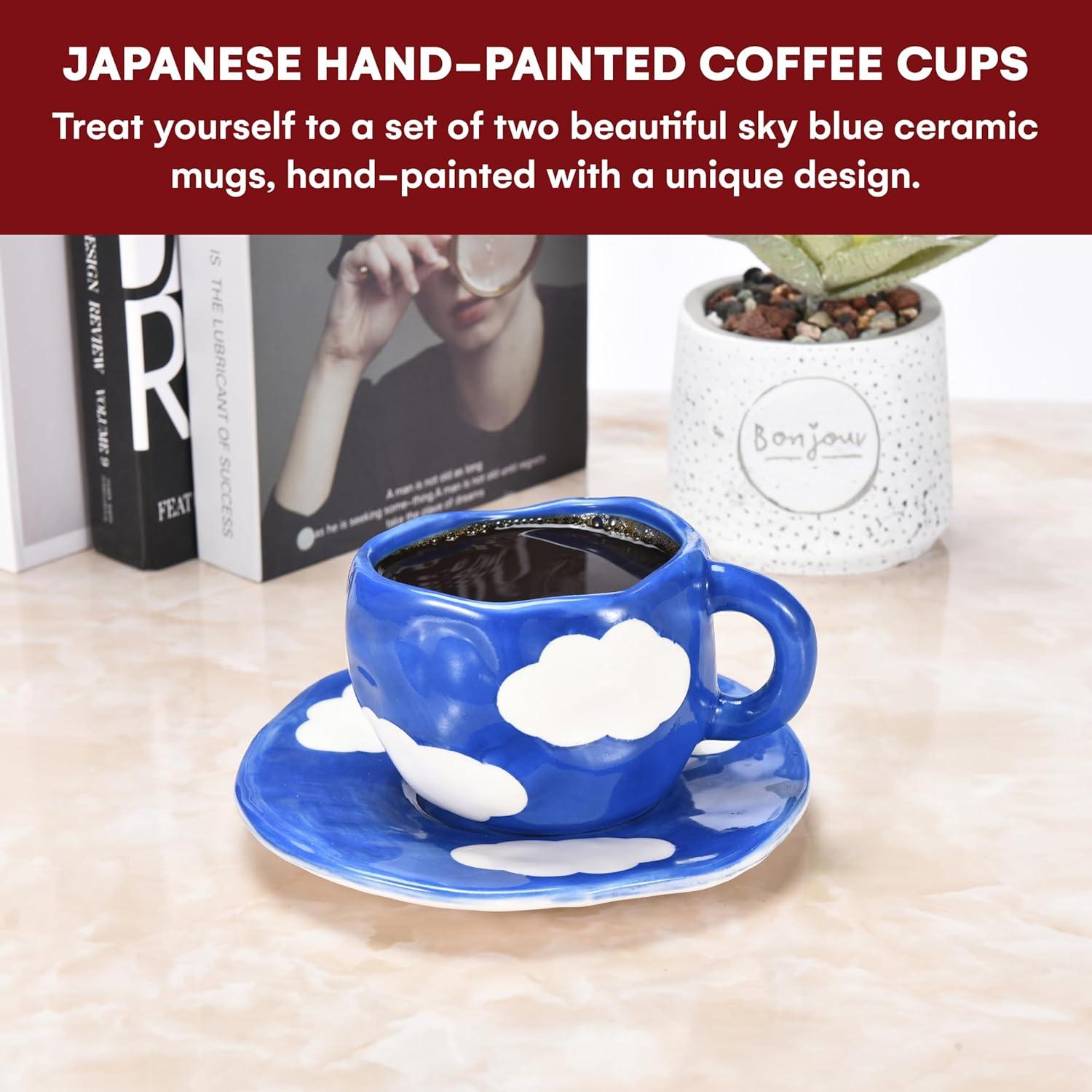 KITCHTIC 10 Oz Japanese Hand Painted Coffee Cup with Saucer - Blue