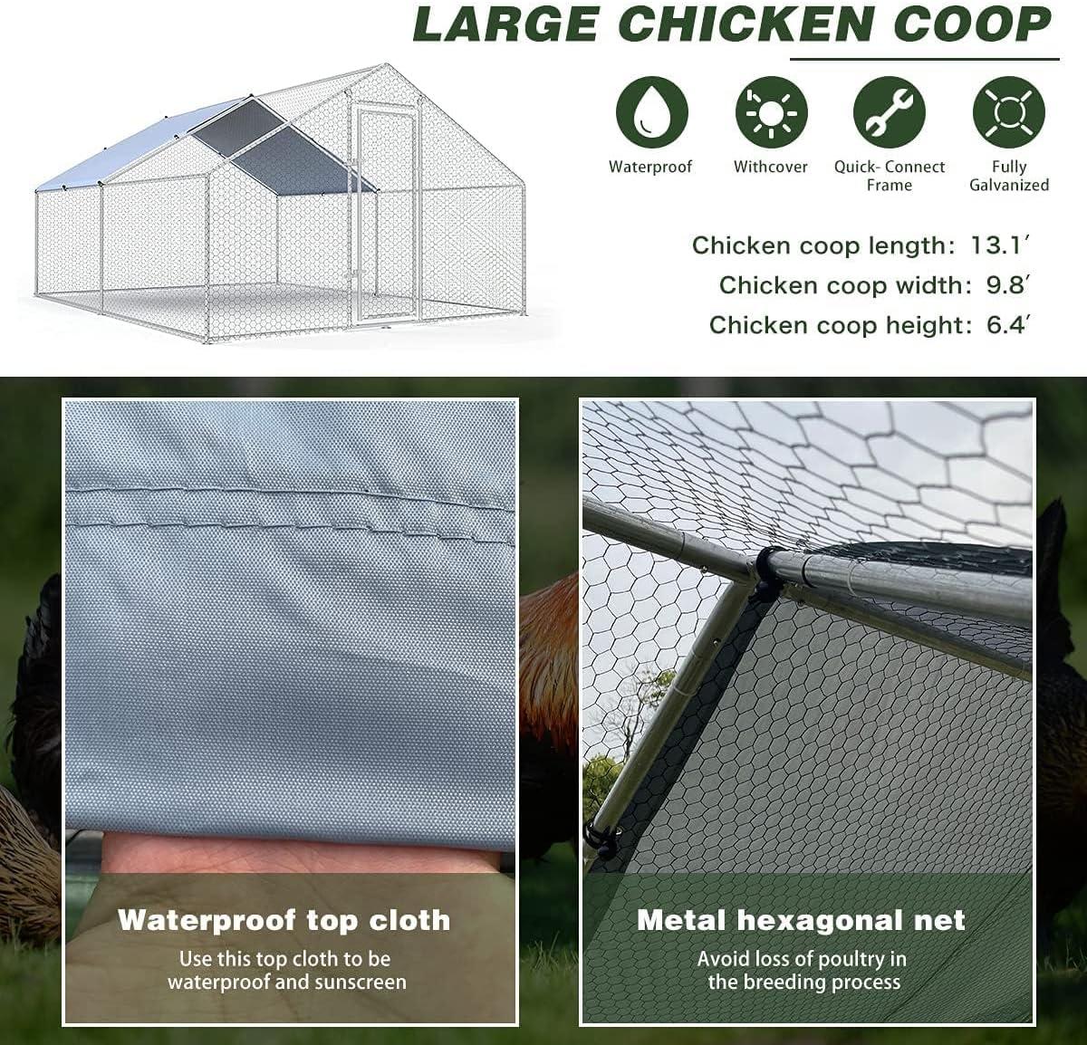 Danolapsi Metal Chicken Coop, Large Walk-in Poultry Cage, Spire Shaped Coop Hen House Rabbits Habitat Cage With Waterproof Cover For Outdoor