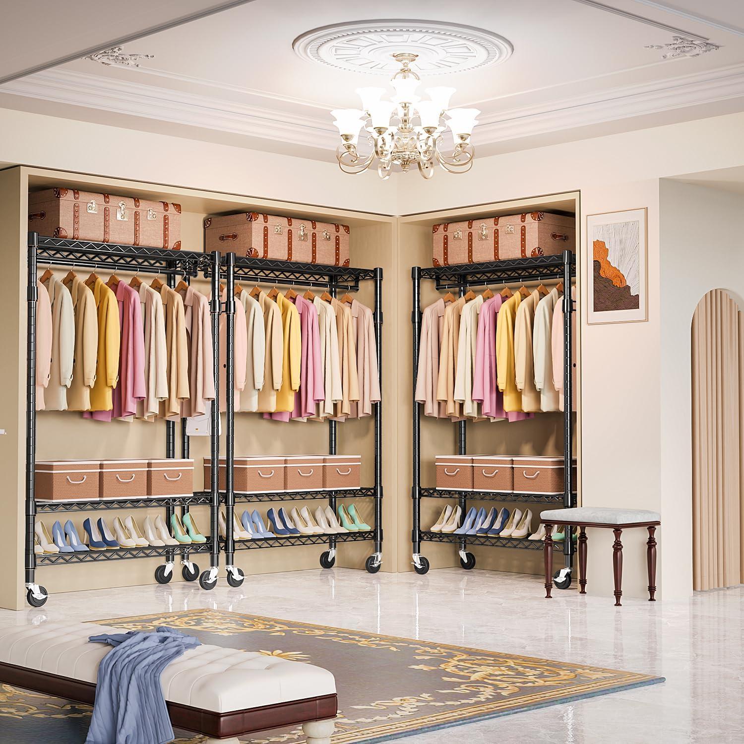 Heavy Duty Clothes Rack Rolling Garment Rack,3 Tier Adjustable Wire Shelving Clothing Racks for Hanging Clothes with Hanger Rod&Side Hooks,Freestanding Wardrobe Storage Rack Metal Portable Closet