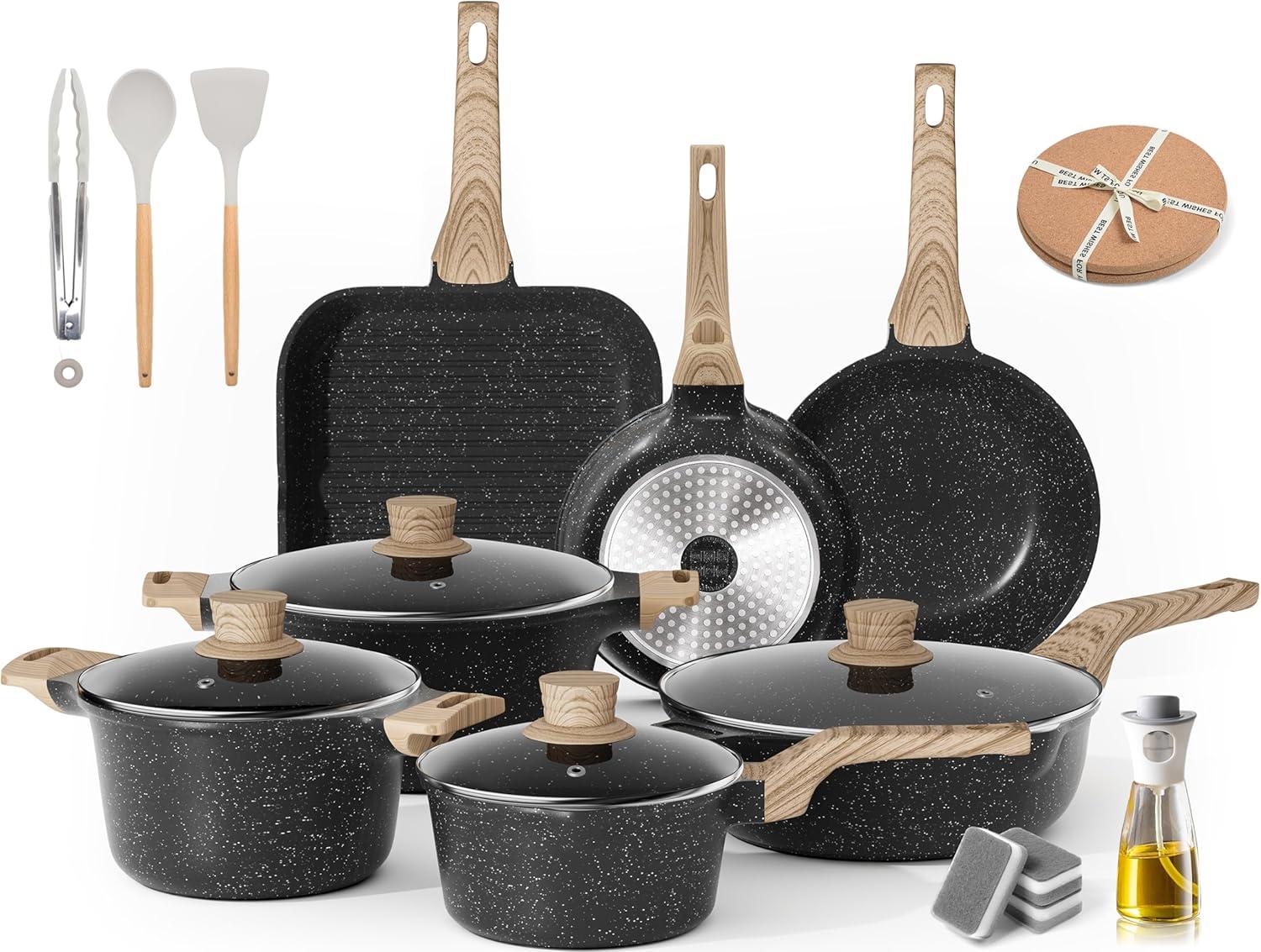 20-Piece Classic Black Granite Nonstick Aluminum Cookware Set