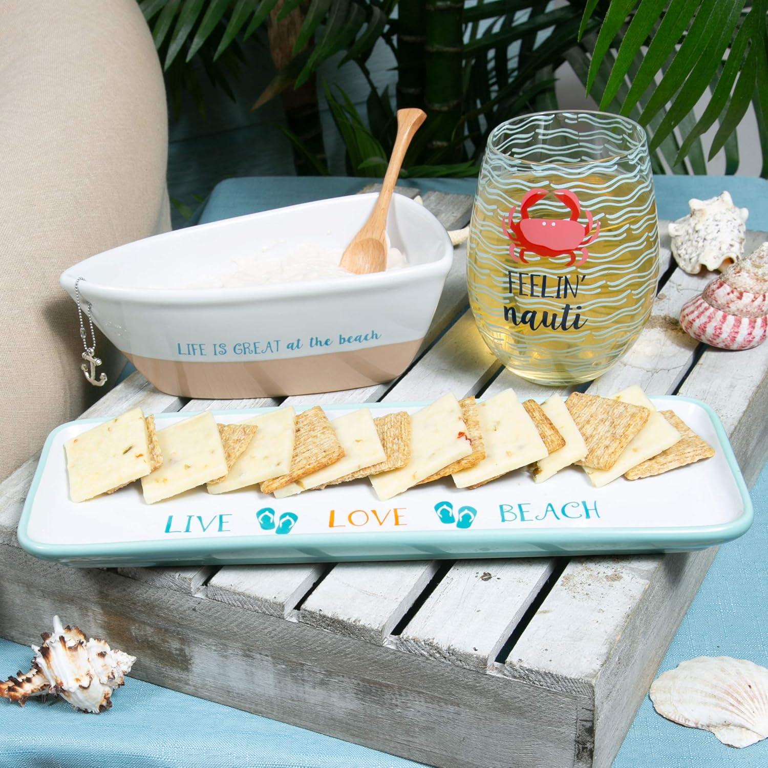 Pavilion Gift Company 12 Oz Stoneware Boat Dish Server With Wooden Oar Scoop Life Is At The Beach, Beige