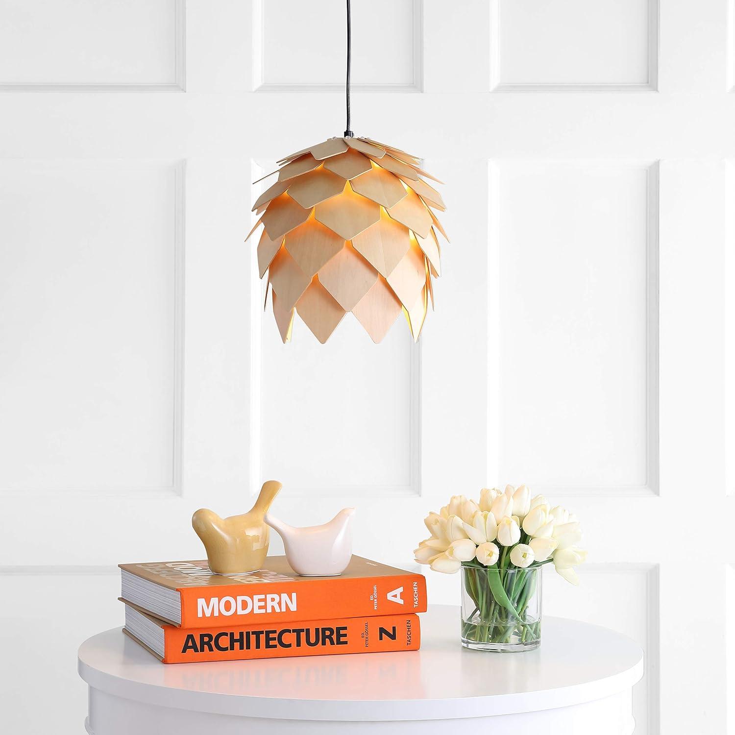 HOZO JYL6125A Simon 11.75" Pinecone Wood LED Pendant Contemporary Dimmable Adjustable Dining Room Living Room Kitchen Foyer Bedroom Hallway, Natural