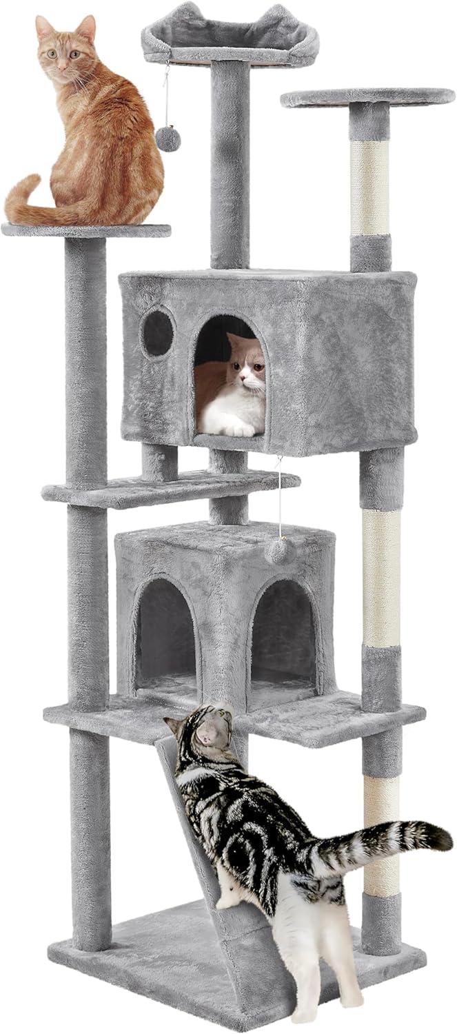 SmileMart 80″ Tall Multilevel Cat Tree with 2 Condos & 3 Scratching Posts for Kittens, Light Gray