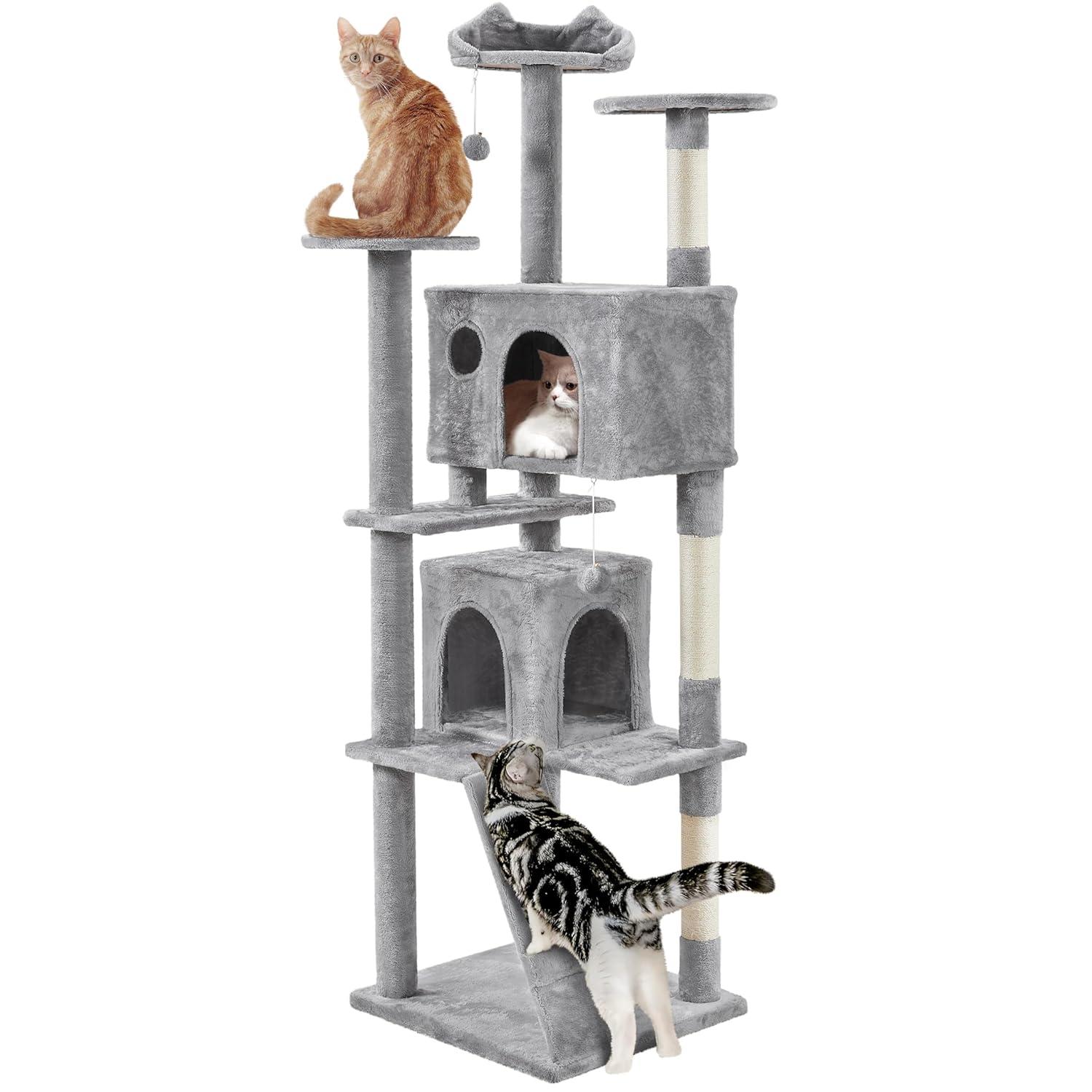 SmileMart 80″ Tall Multilevel Cat Tree with 2 Condos & 3 Scratching Posts for Kittens, Light Gray