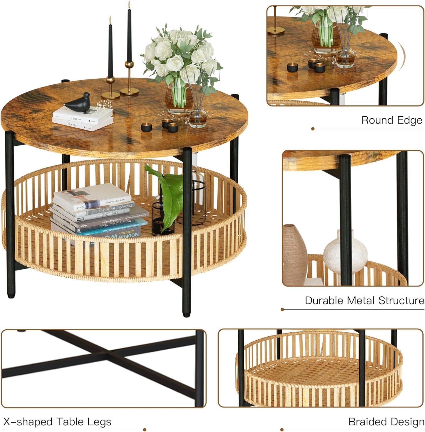 AWQM 3 Pieces Coffee Table Set for Living Room, 2 Tier Round Rattan Coffee End Side Table, Boho Living Room Table Set with Metal Frame for Bedroom Office