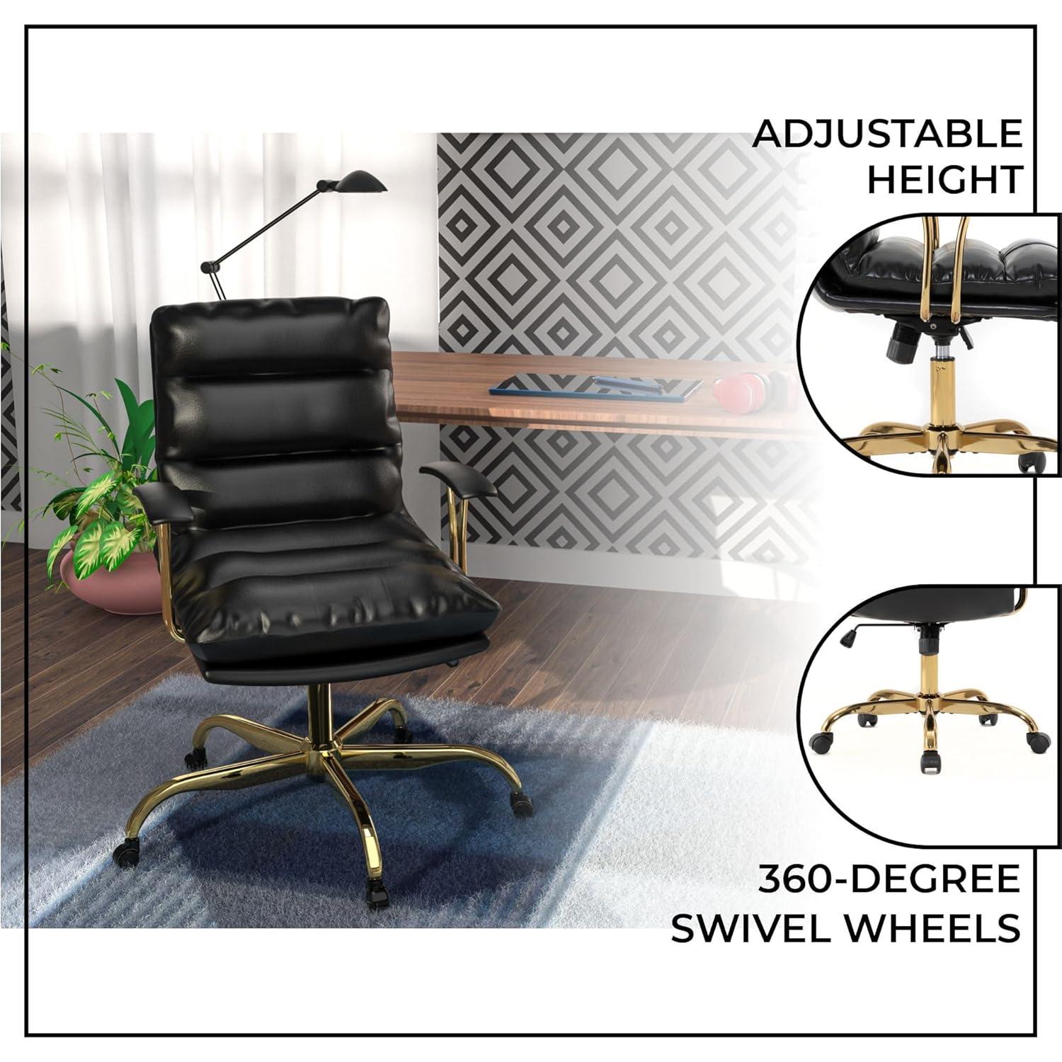 LeisureMod Regina Single Ergonomic Padded Leather Lumbar Support Adjustable Height Swivel Executive Office Chair with Gold Steel Frame