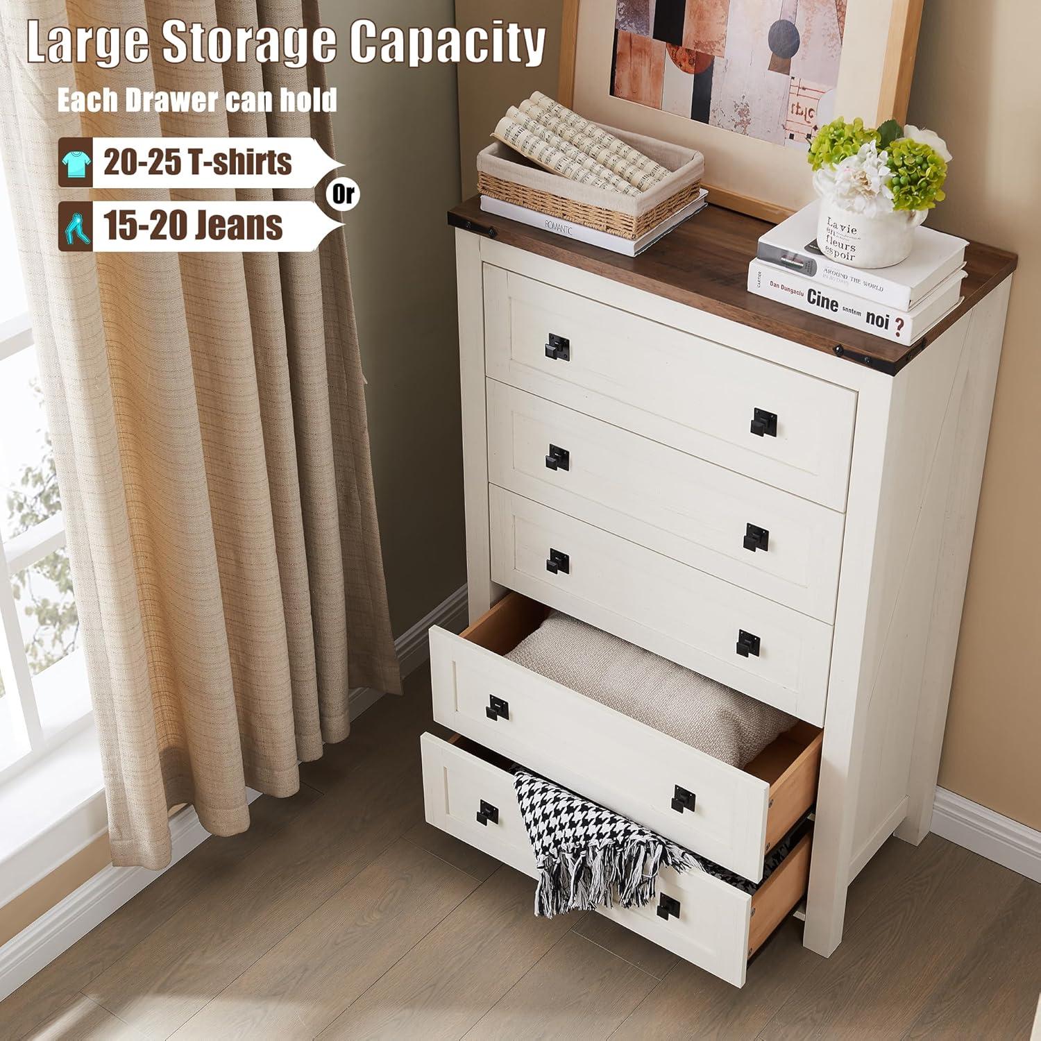 Grantville Farmhouse 5 - Drawers Dresser Organizer, Rustic Tall Chest of Drawers for Bedroom