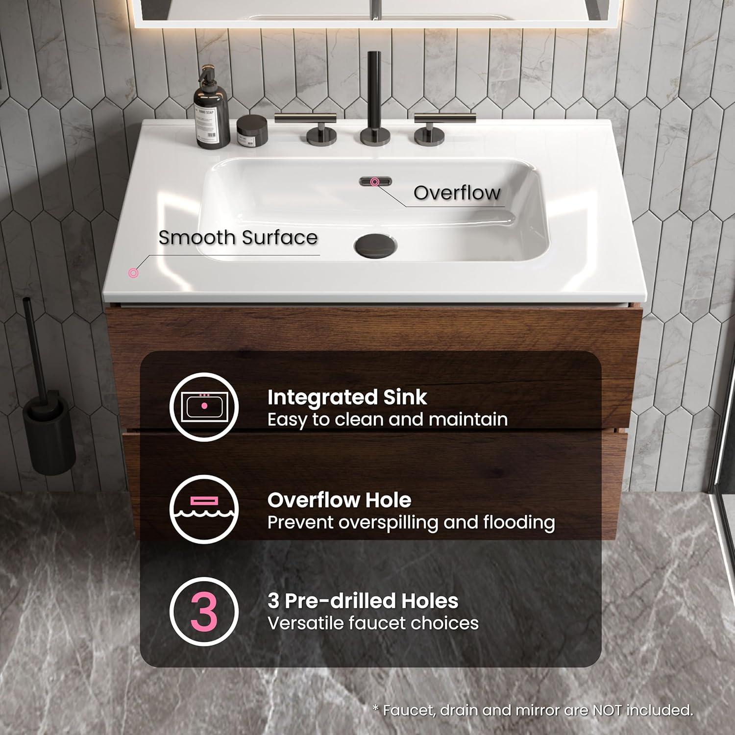 CITTANEO 24" Floating Modern Bathroom Vanity with 3-Hole Ceramic Sink in Walnut