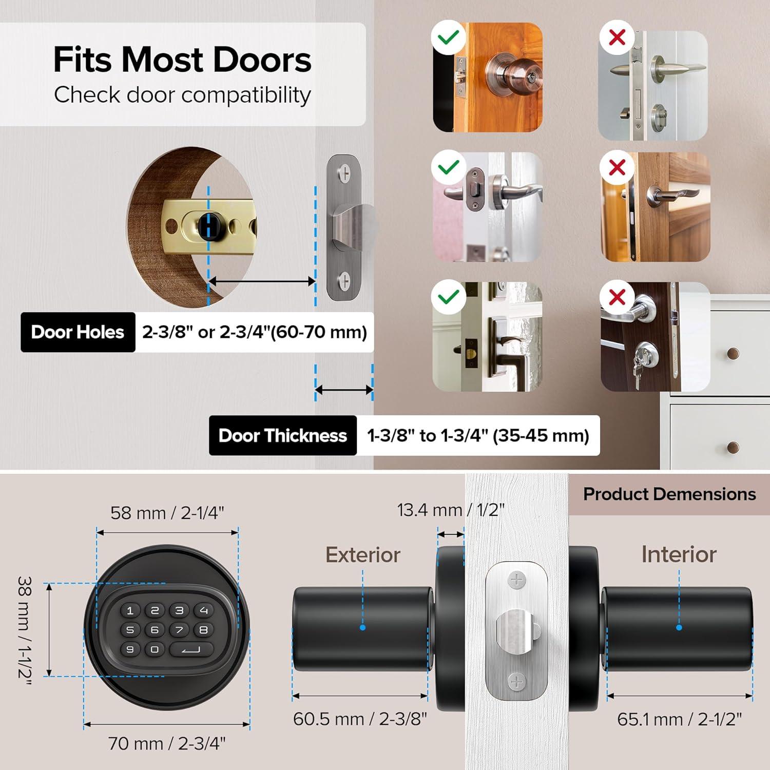 Keyless Entry Door Lock, Fingerprint Door Lock With Keypad Biometric Door Handle, Automatic Locking, For Interior Doors Up To 2-1/4" Thick, Bedroom, Home Office, Garage, 4 AA Alkaline Batteries, MD1 Black