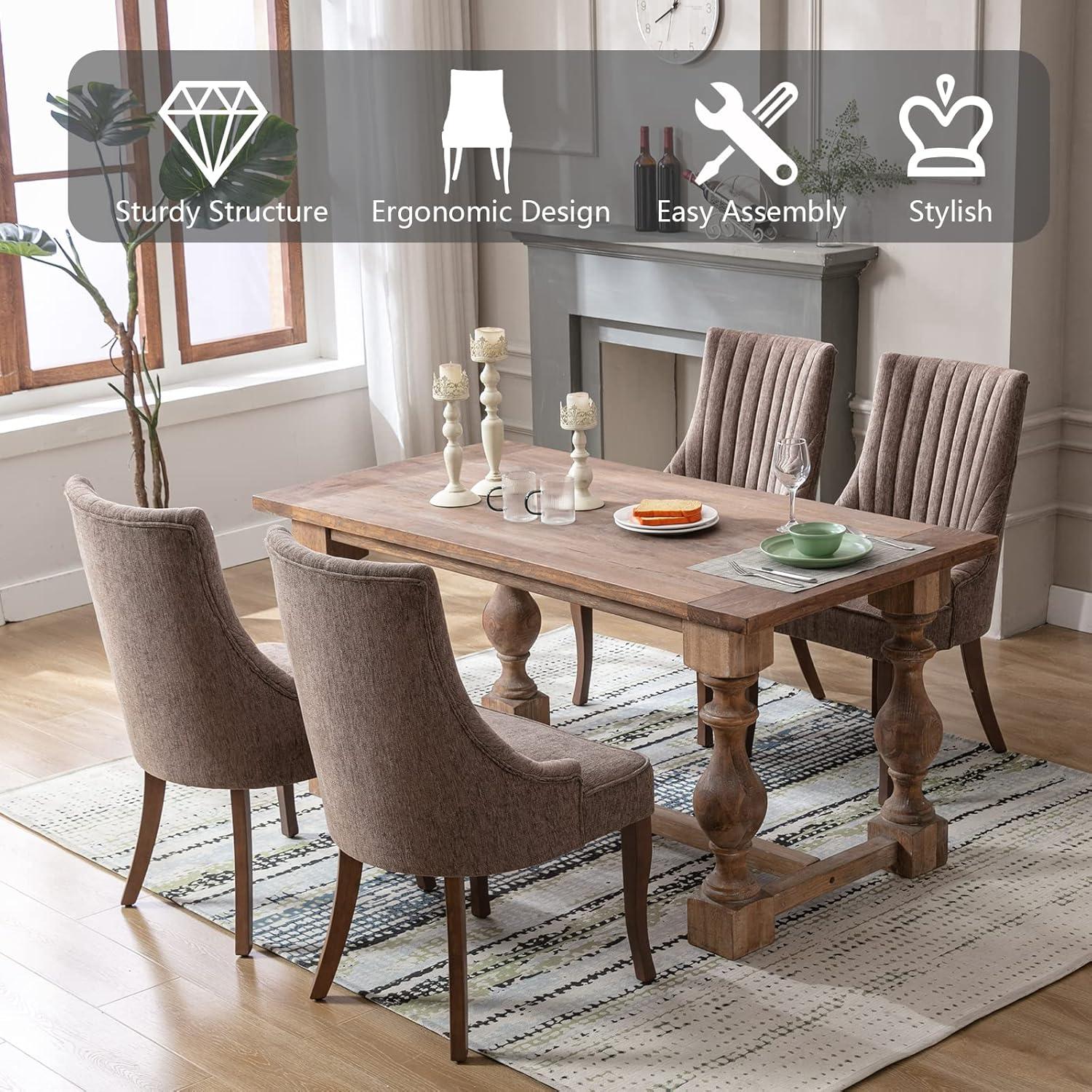 mikibama Linen Dining Chairs Set of 4 Channel Tufted Kitchen Dinner Chair Comfy Fabric Upholstered Accent Chair for Dining Room with Solid Wood Legs (Brown 4pc)