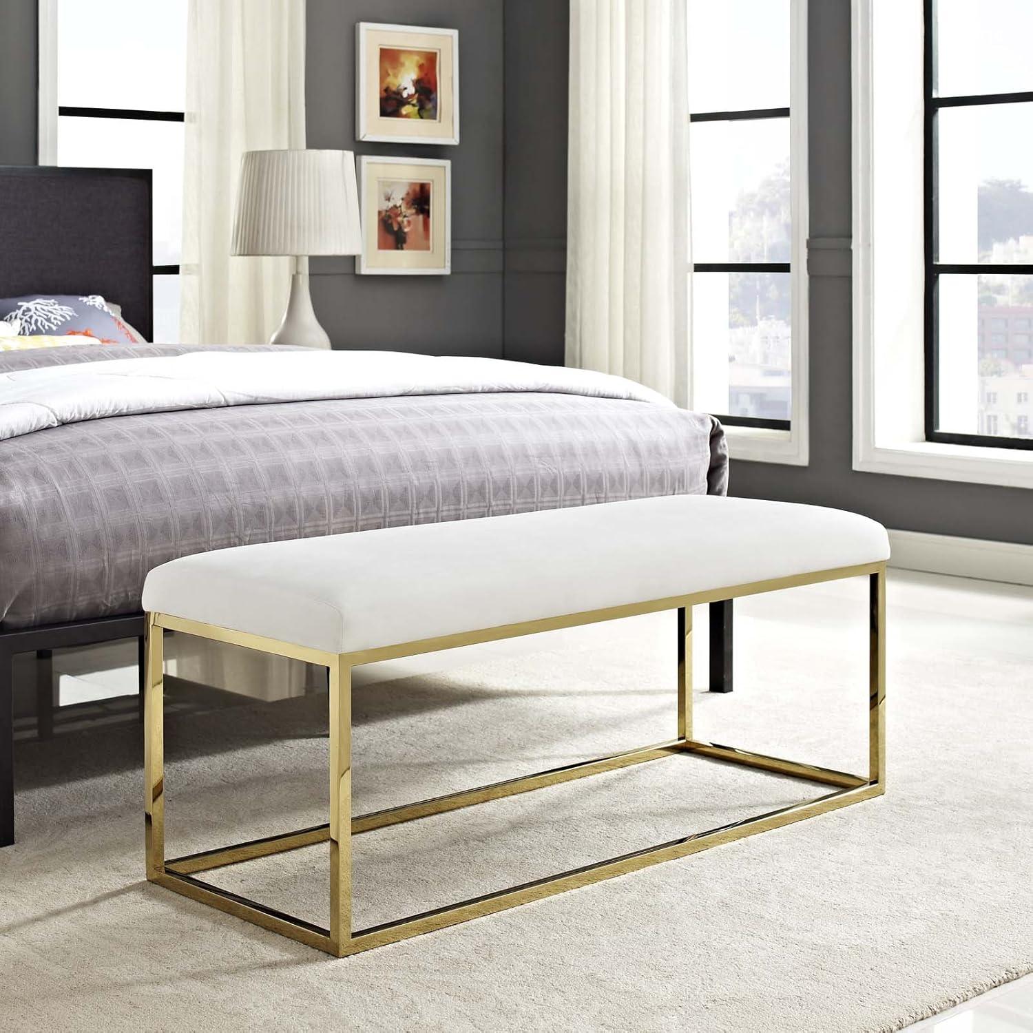 Gold Ivory Velvet Upholstered Bench with Stainless Steel Frame