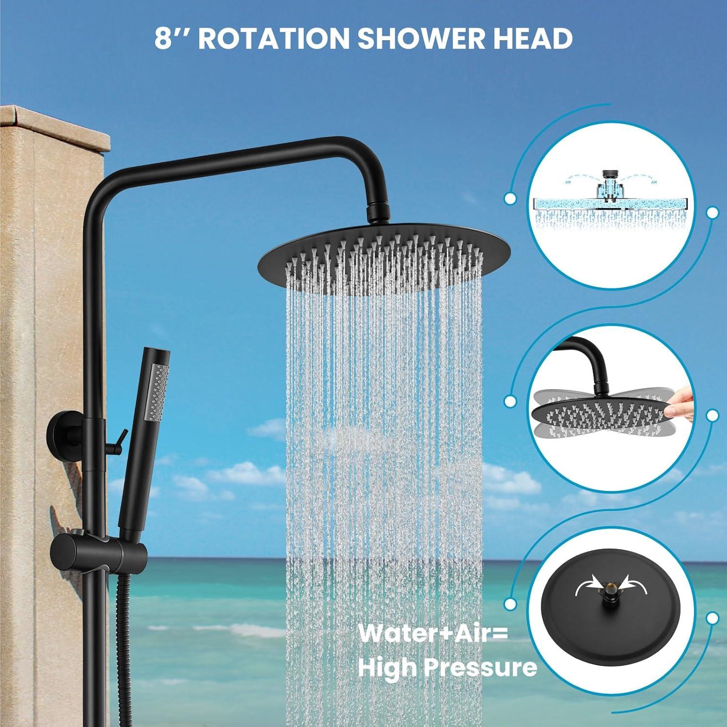 gotonovo SUS304 Outdoor Shower Fixture High Pressure Shower System Wall Mount 2 Dual Function Single Handle Shower Kit with 8 Inch Shower Head and Handheld Spray Shower Faucet Combo, Matte Black