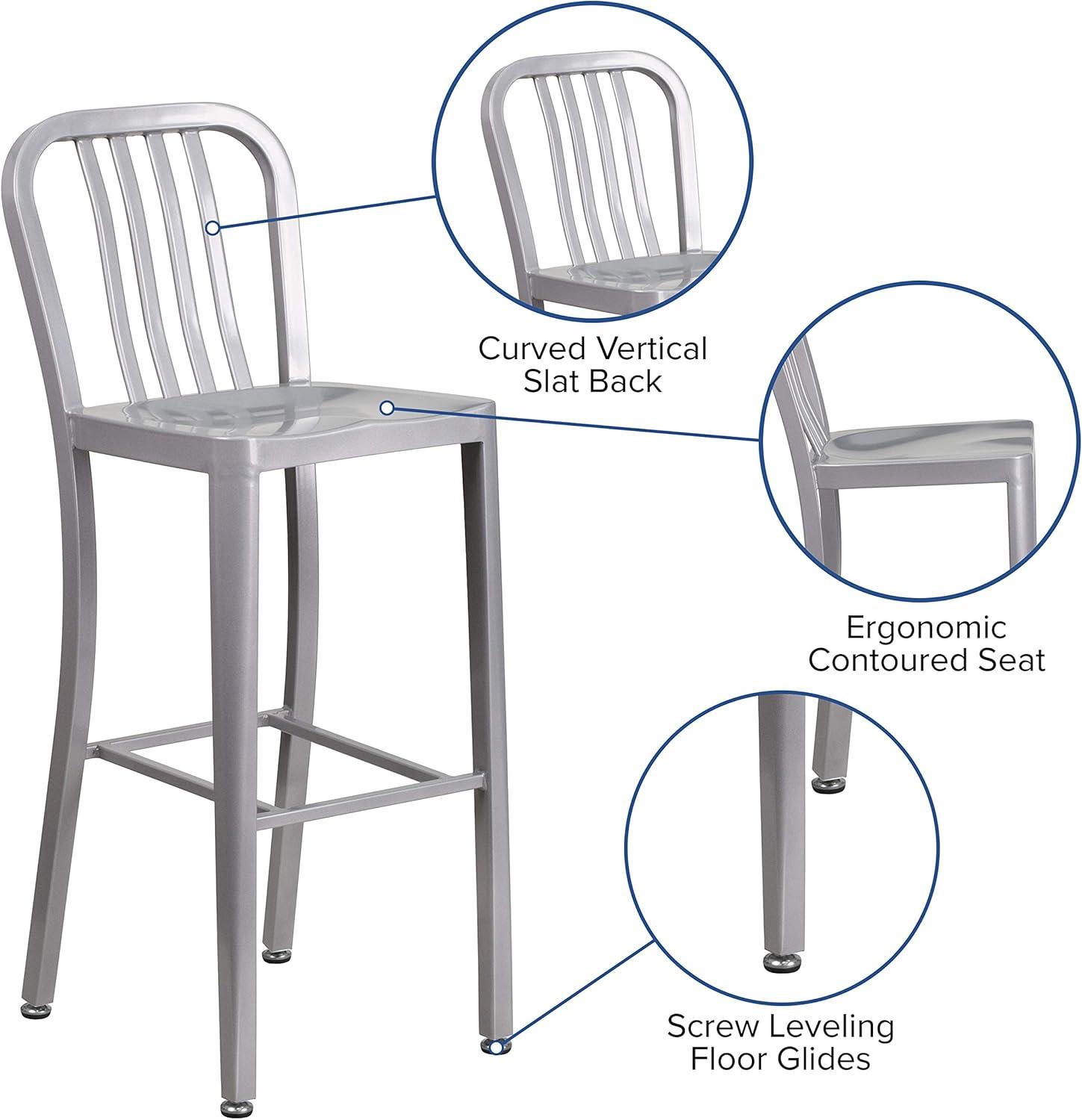 Flash Furniture Commercial Grade 30" High Silver Metal Indoor-Outdoor Barstool with Vertical Slat Back