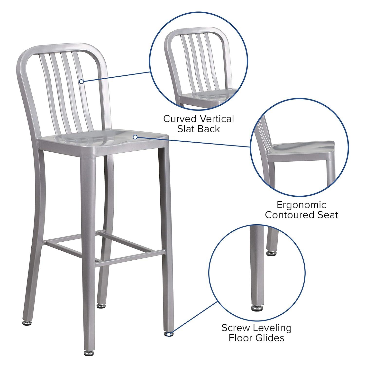 Flash Furniture Commercial Grade 30" High Silver Metal Indoor-Outdoor Barstool with Vertical Slat Back