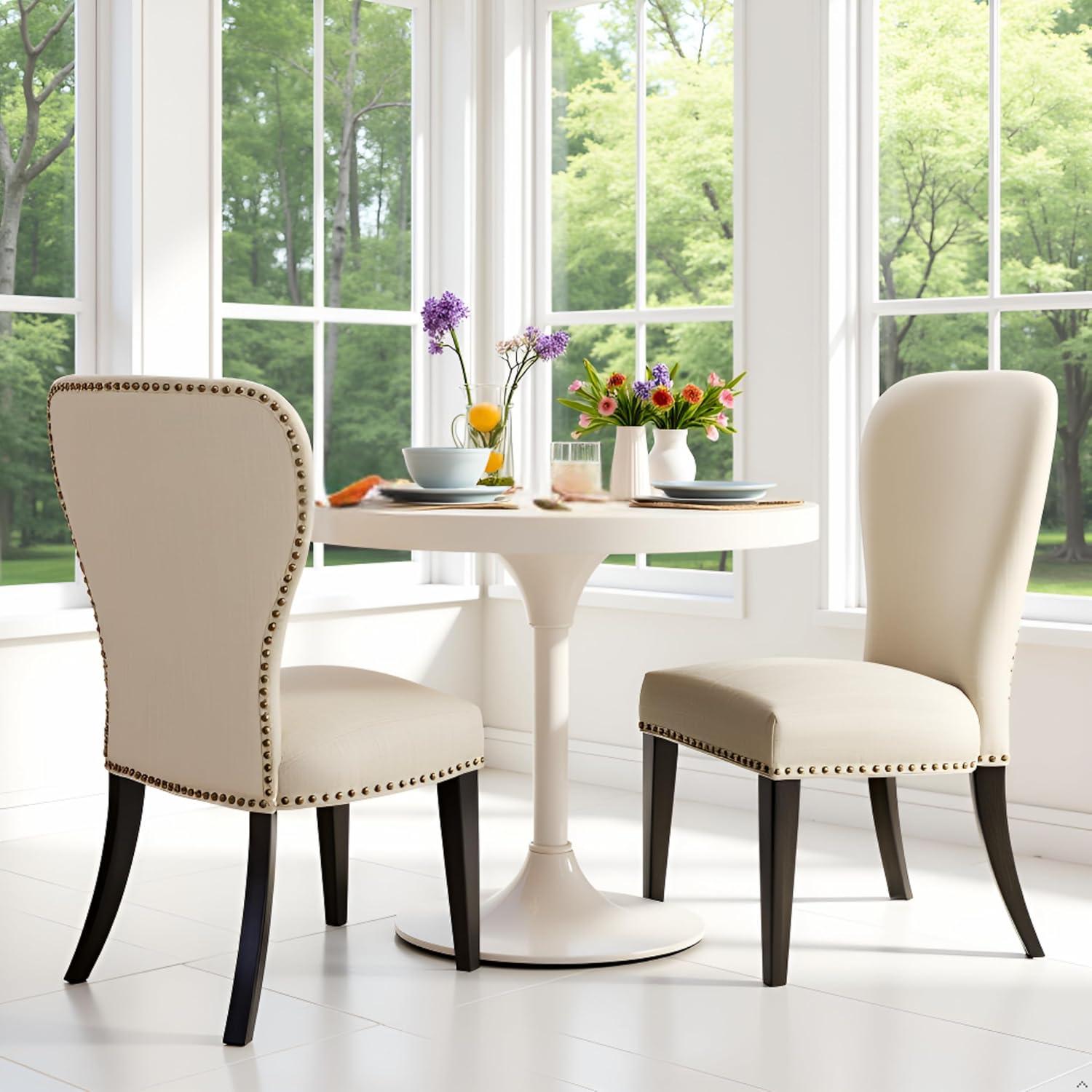 Set of 2 Savoy Upholstered Dining Armless Chairs Cream - Alaterre Furniture: Faux Leather, Nailhead Detail, Rubberwood Frame