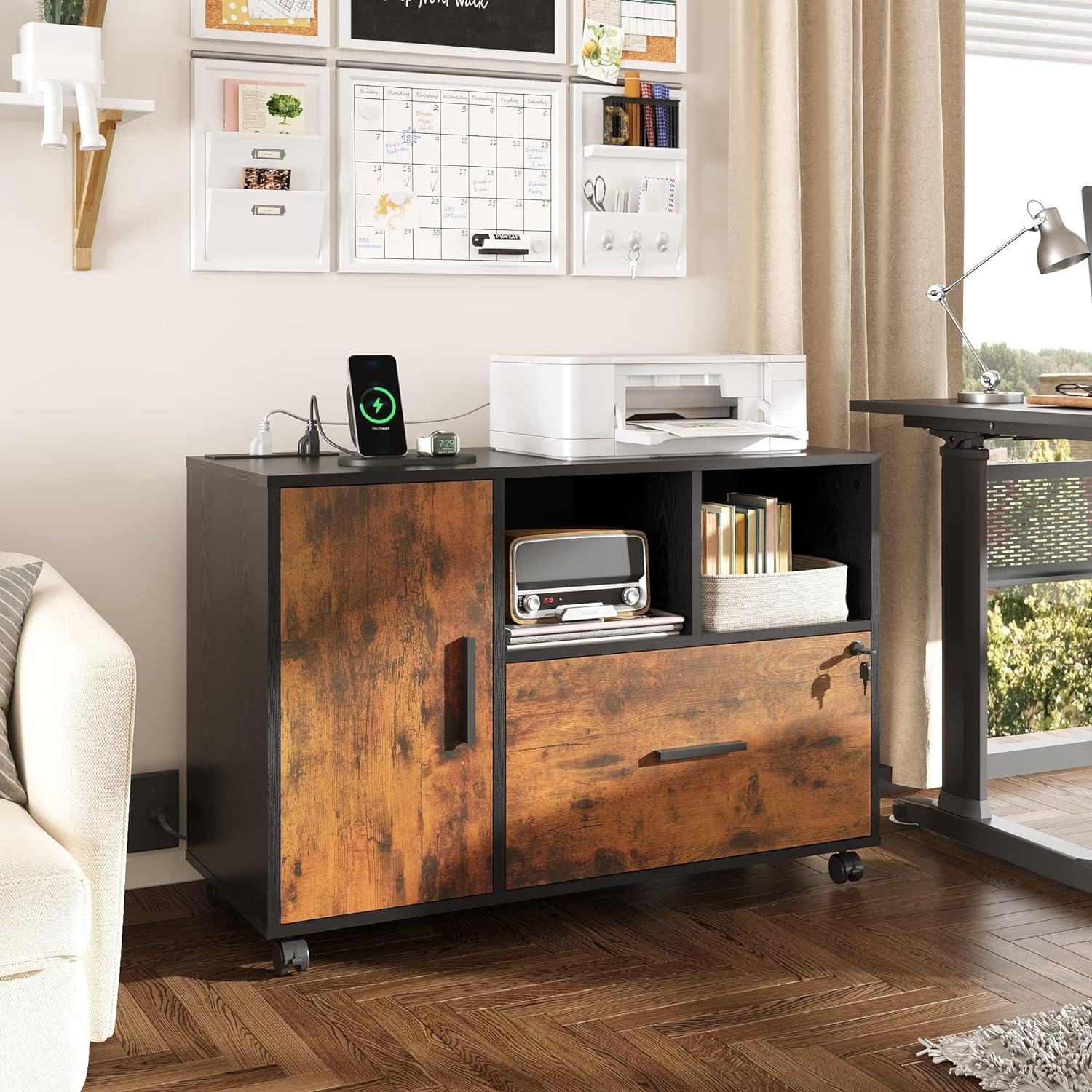 Rustic Brown Wood Rolling File Cabinet with Charging Station and Lock