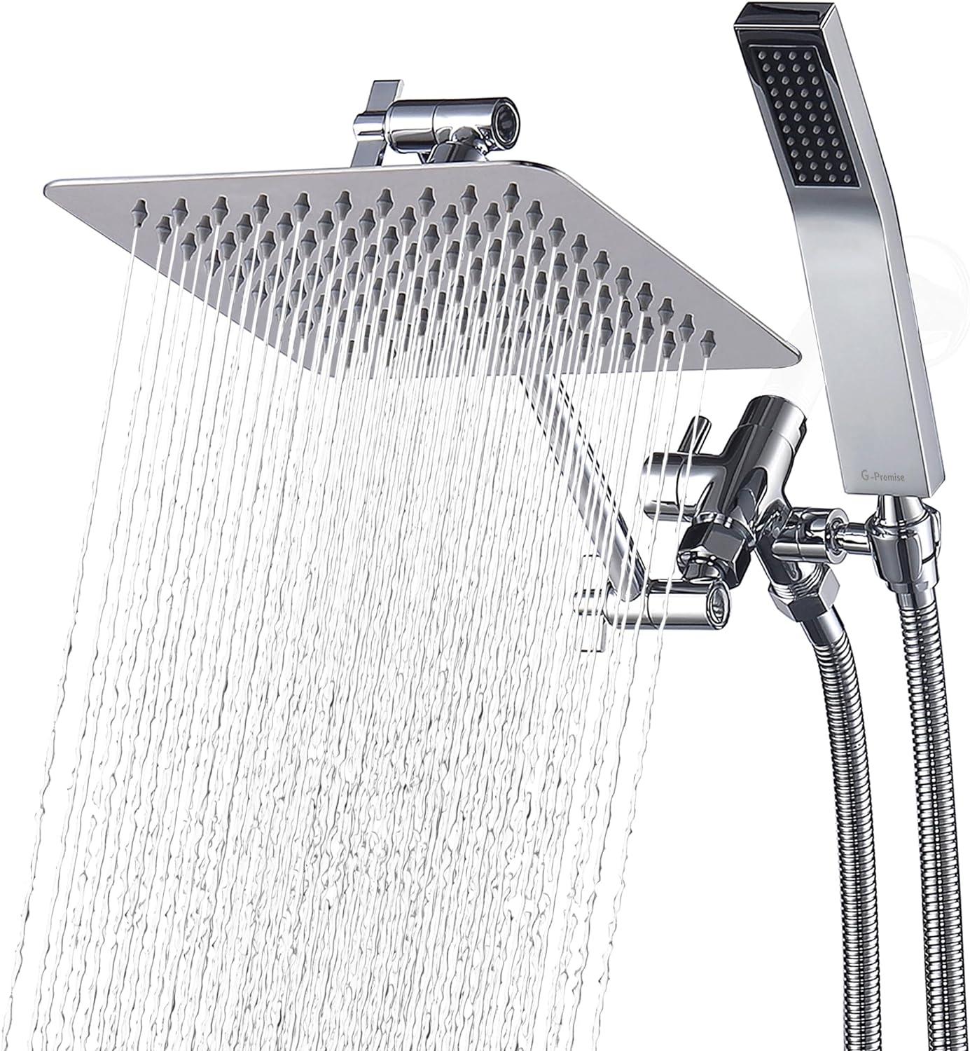 G-Promise All Metal Dual Square Shower Head Combo,8" Rain Shower Head,Handheld Shower Wand with 71" Extra Long Flexible Hose,Smooth 3-Way Diverter,Adjustable Extension Arm - A Bathroom Upgrade Polished Chrome