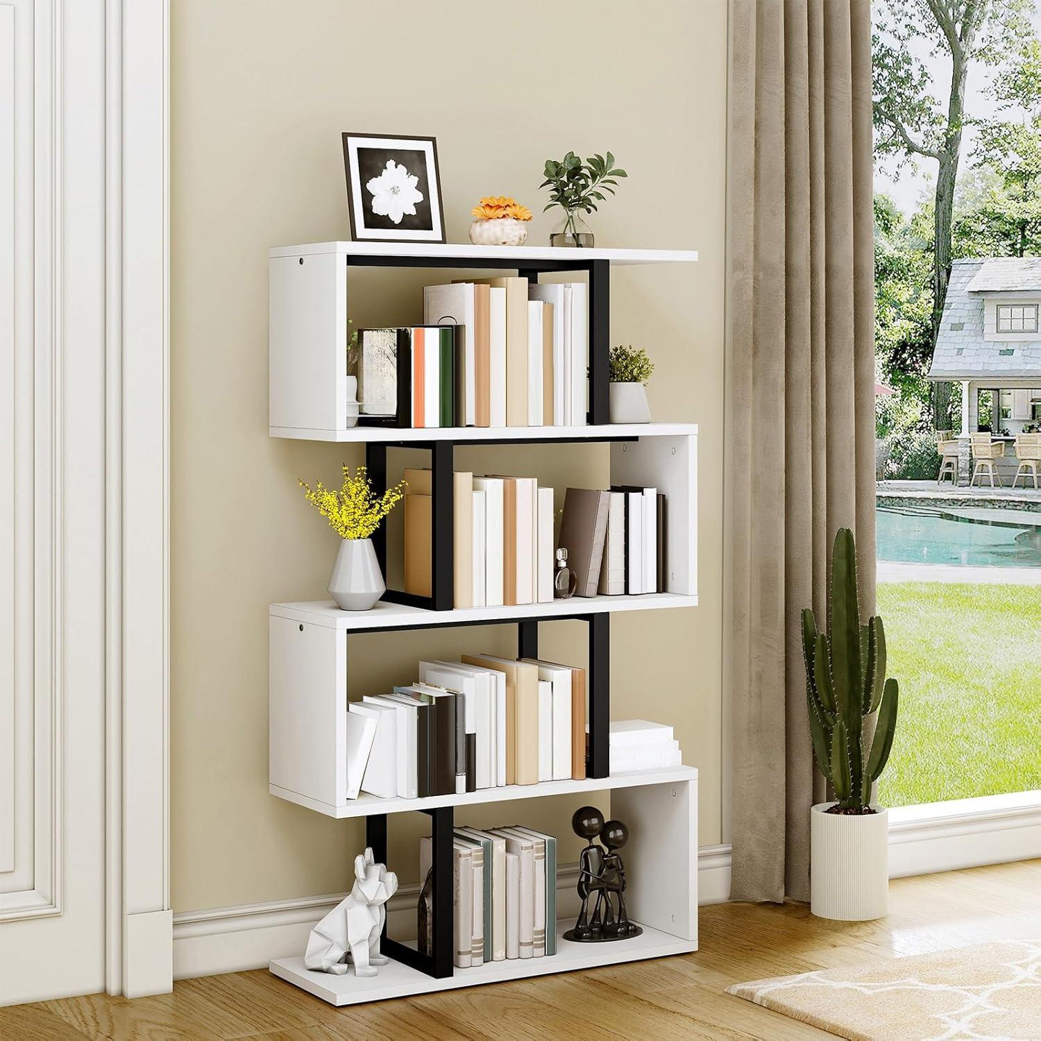 Satiny 5-Tier Bookshelf, S-Shaped Z-Shelf Bookshelves and Bookcase, Modern Freestanding Multifunctional Decorative Storage Shelving for Living Room Home Office, Cream White