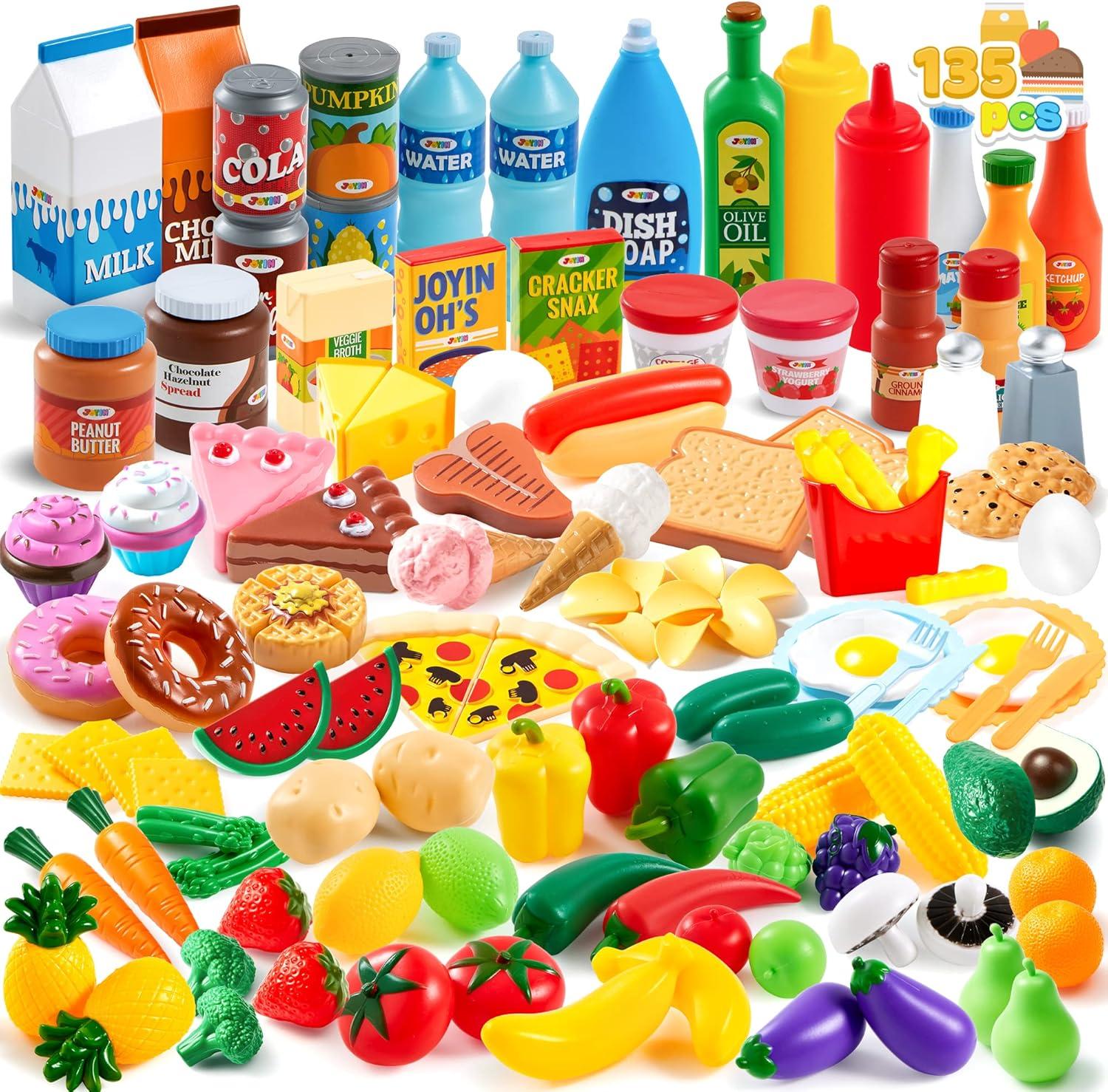 SYNCFUN 135Pcs Kids Play Food Set, Pretend Food Toys for Play Kitchen with Fruit, Vegetable, Food Can, Dessert, for Toddler Boys Girls 2 3 4 5 6 Years