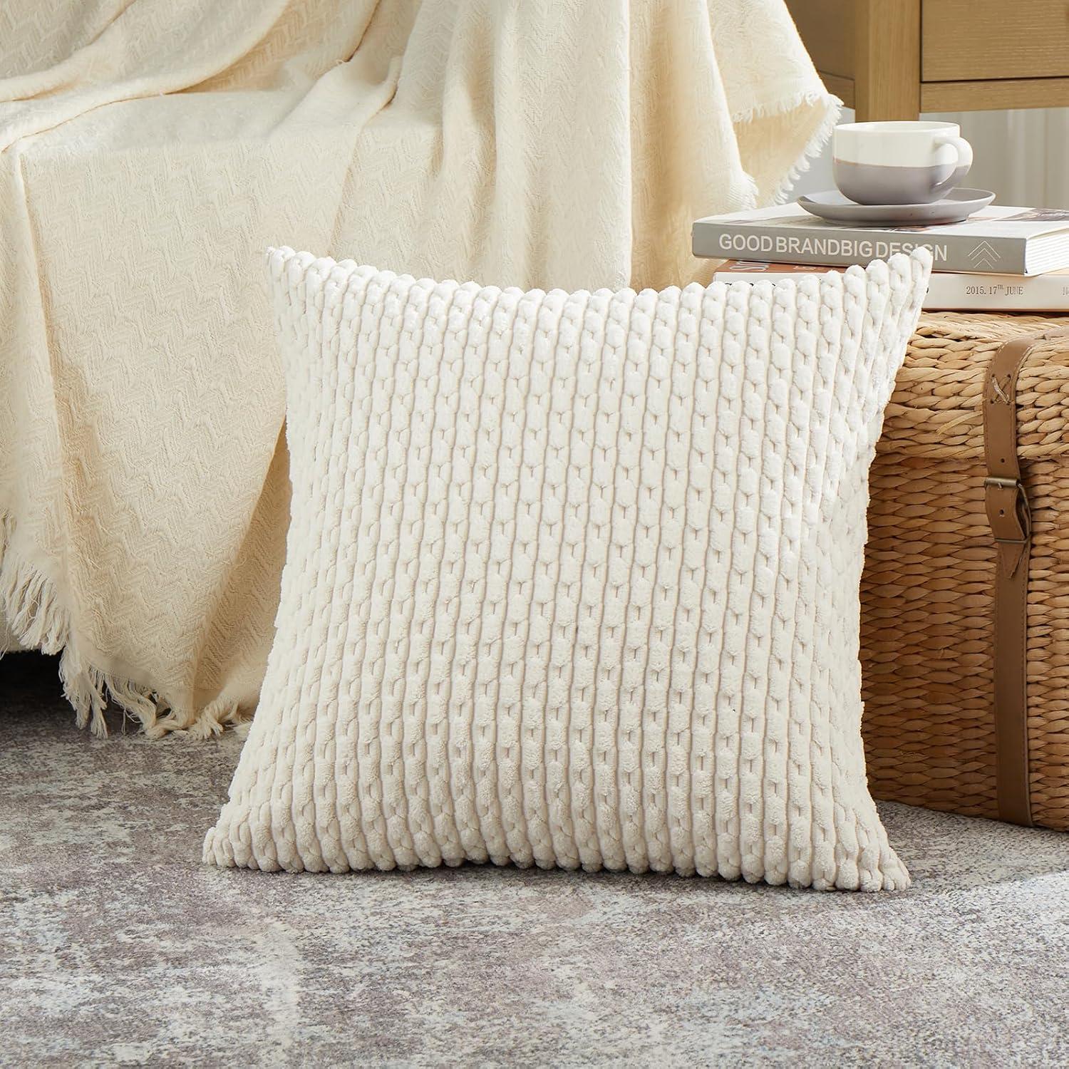 Fancy Homi 2 Packs Boho Decorative Throw Pillow Covers 18x18 Inch for Living Room Couch Bed Sofa, Rustic Modern Farmhouse Home Decor, Soft Corduroy Cream Square Cushion Case 45x45 cm