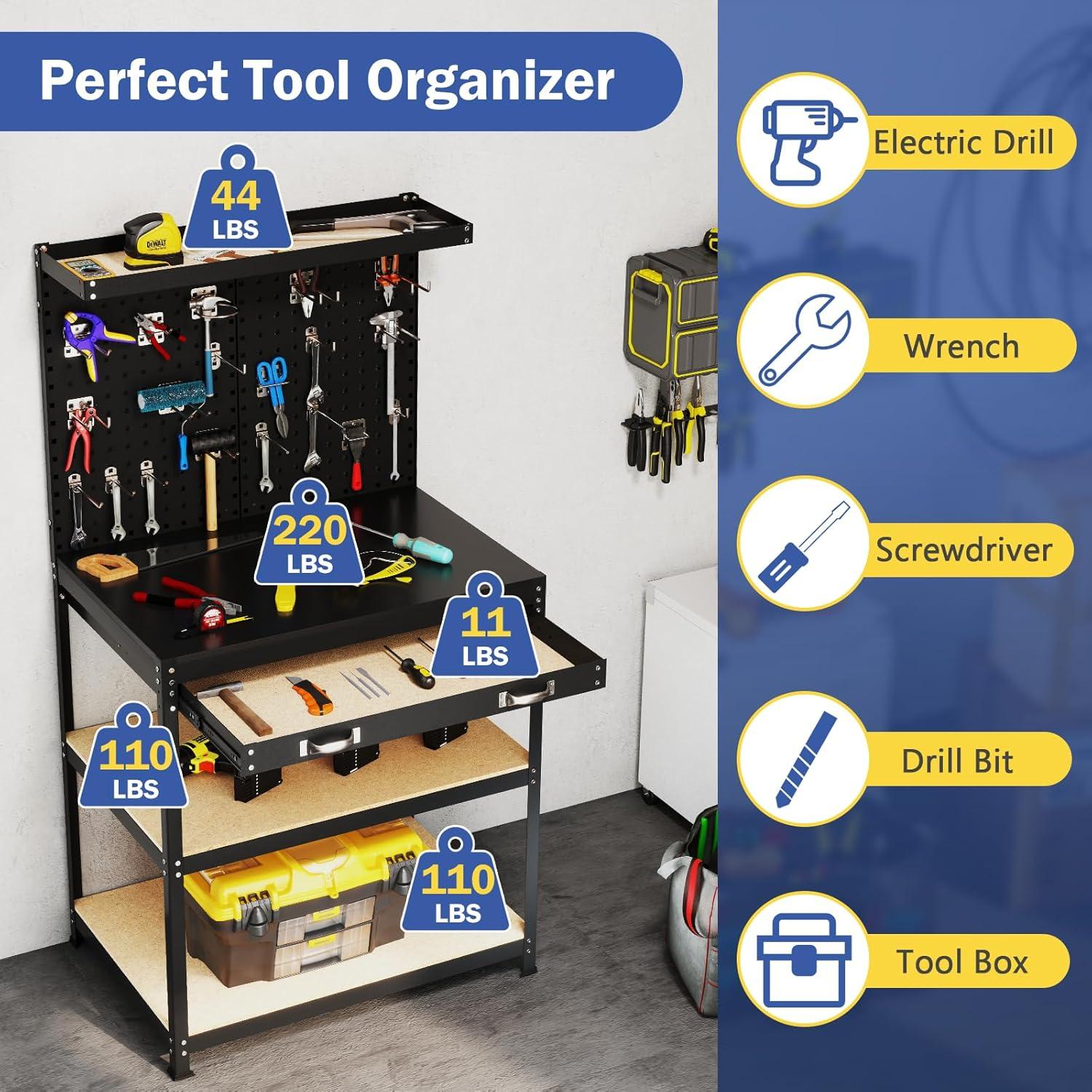Topcobe 32 x 16 Inch Workbench Work Table with 2 PCs Pegboard Drawer and Shelves, Modern Furniture for Indoor-Black