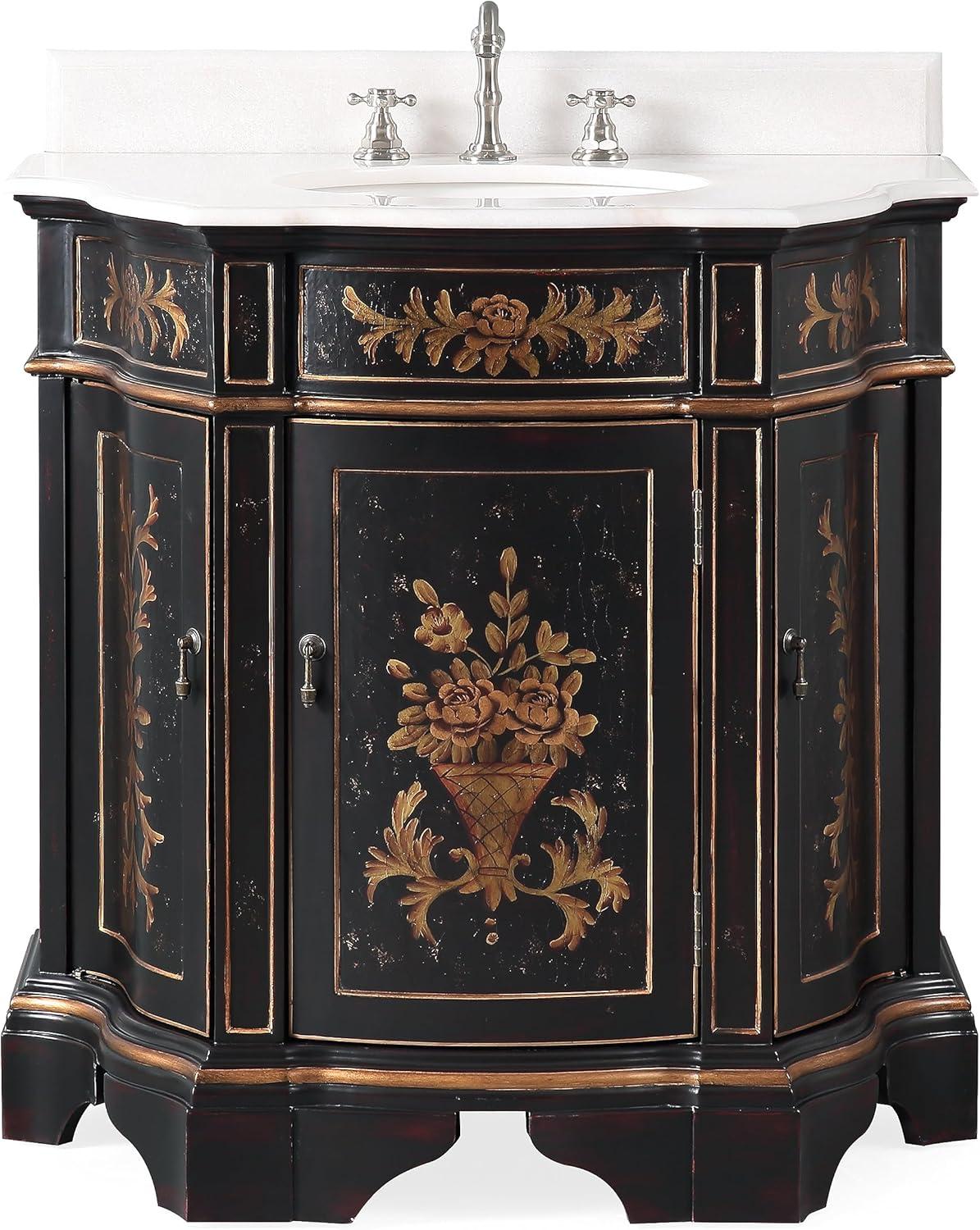 35" Black and Gold Hand-Painted Floral Bathroom Vanity with Marble Top