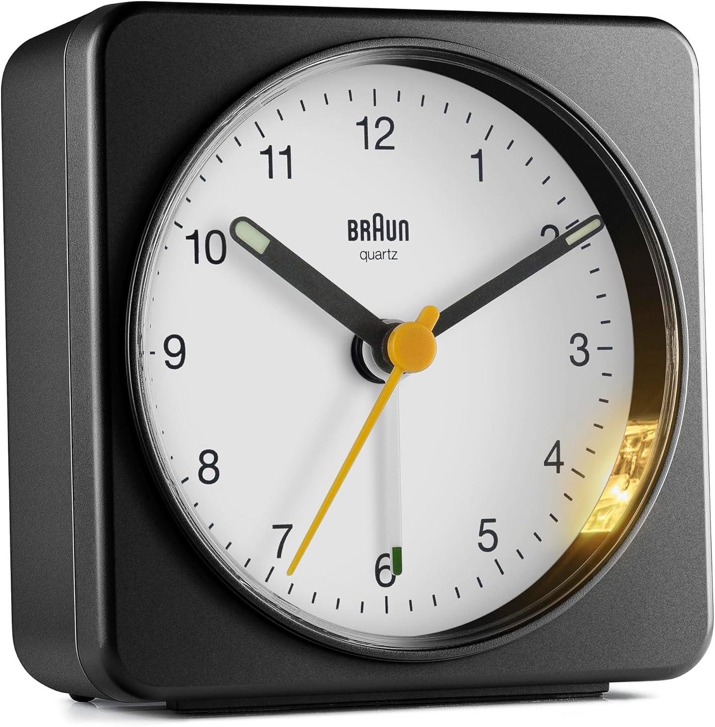 Braun Classic Analogue Alarm Clock with Snooze and Light, Quiet Quartz Sweeping Movement, Crescendo Beep Alarm in Black and White, Model BC03BW.