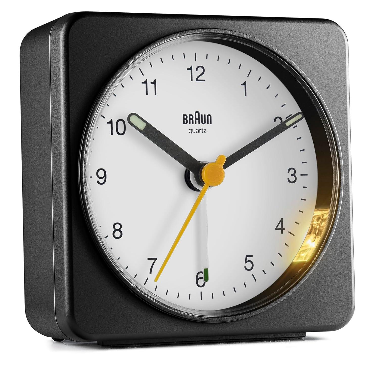 Braun Classic Analogue Alarm Clock with Snooze and Light, Quiet Quartz Sweeping Movement, Crescendo Beep Alarm in Black and White, Model BC03BW.