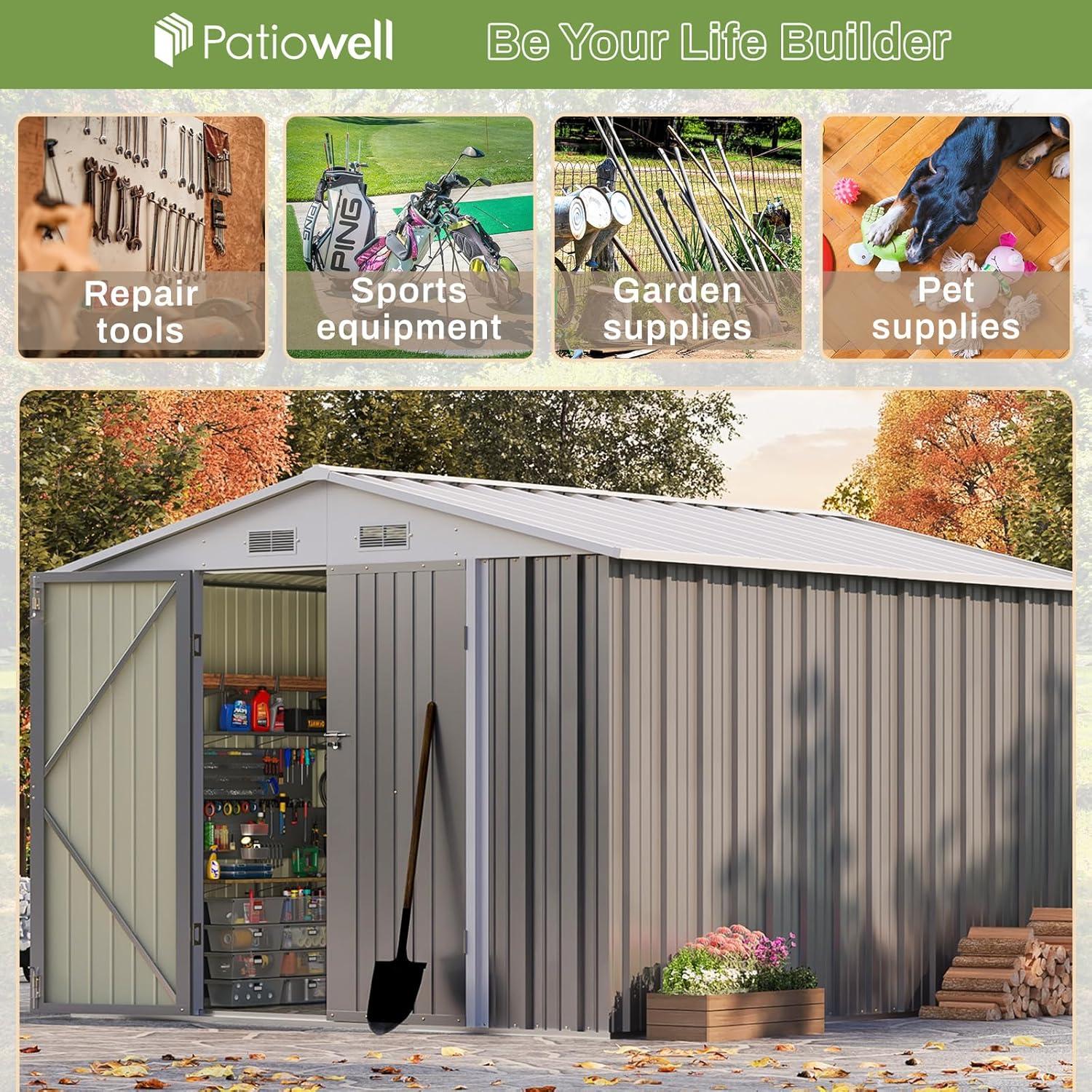 Patiowell  10 x 8 ft. Outdoor Storage Metal Shed with Sloping Roof and Double Lockable Door, Gray