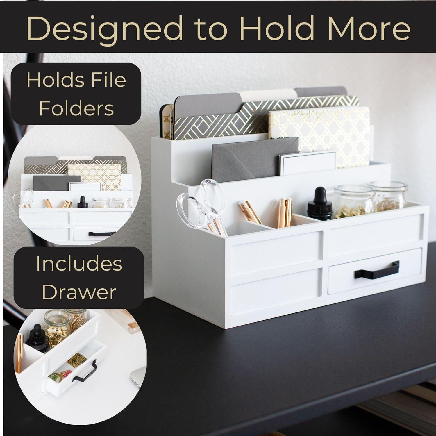 Blu Monaco White Desktop Organizer with Drawer - Paper Wood Bill & Mail Organizer for Office Desk, Countertop & Workspace Storage