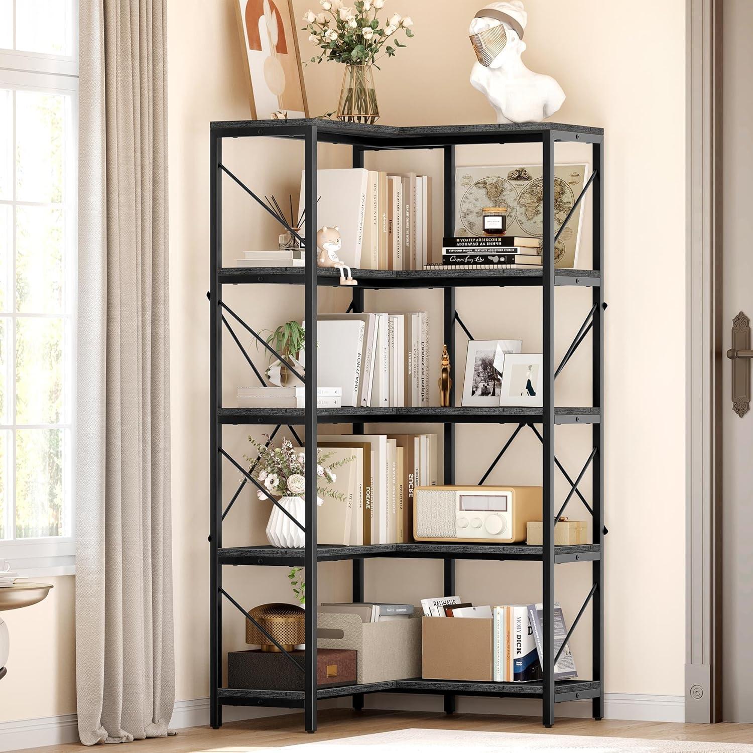 Gray and Black Adjustable 5-Tier Corner Bookshelf