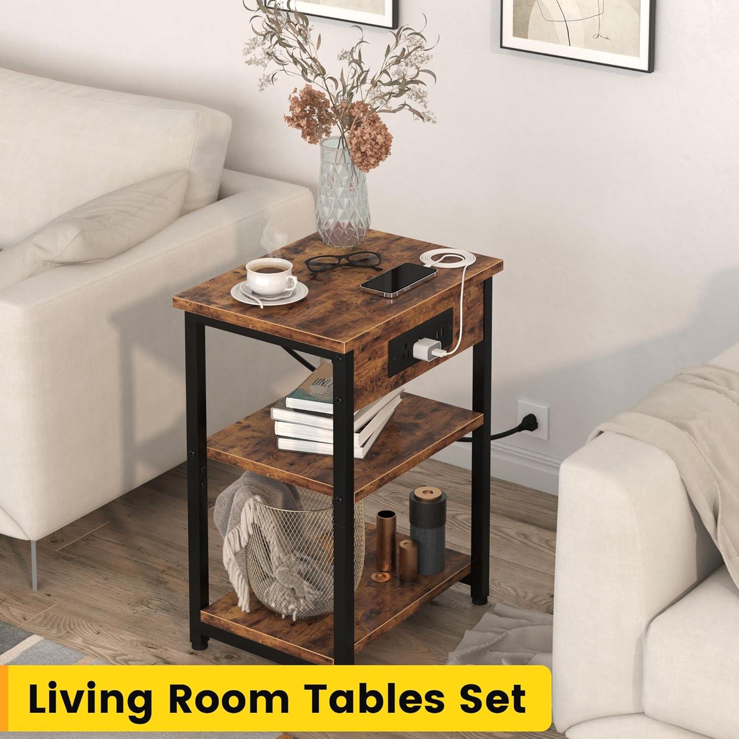 Rustic Brown 3-Tier End Tables with USB Charging Station