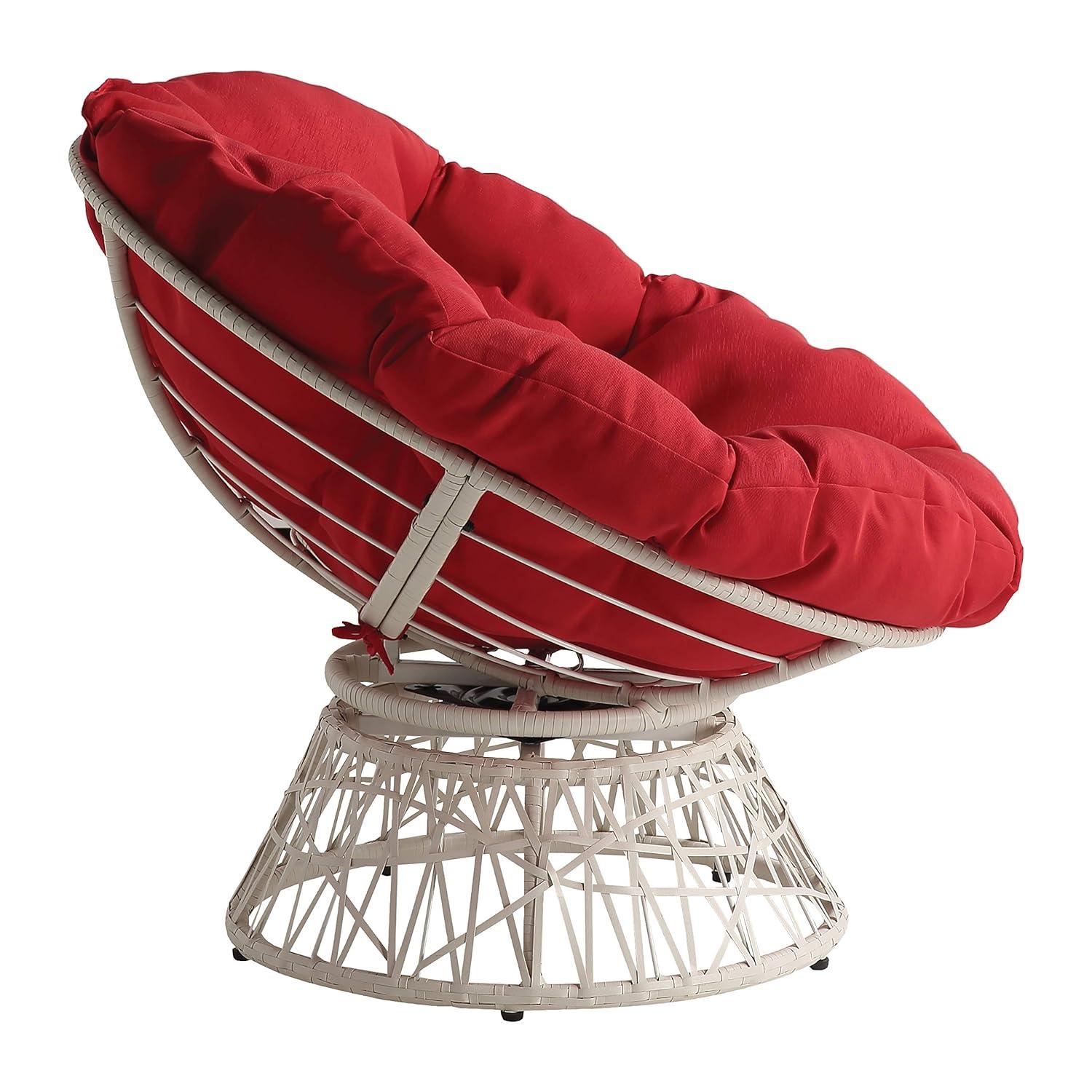 Papasan Chair with Red Round Fabric Pillow Cushion and Cream Wicker Weave