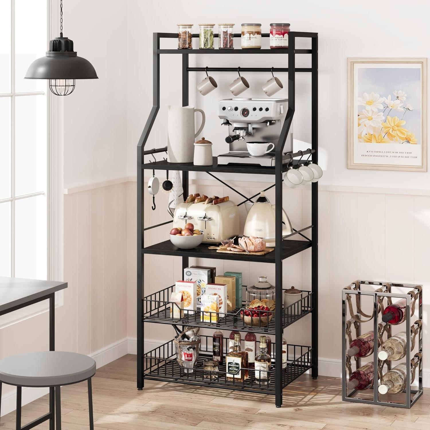 CREATIVE HOBBIES Kitchen Bakers Rack Microwave Oven Stand with 2 Large Wire Basket, Industrial Coffee Bar Station, 5-Tier Kitchen Utility Storage Shelf with 8 Hooks for Spice, Pots Organizer