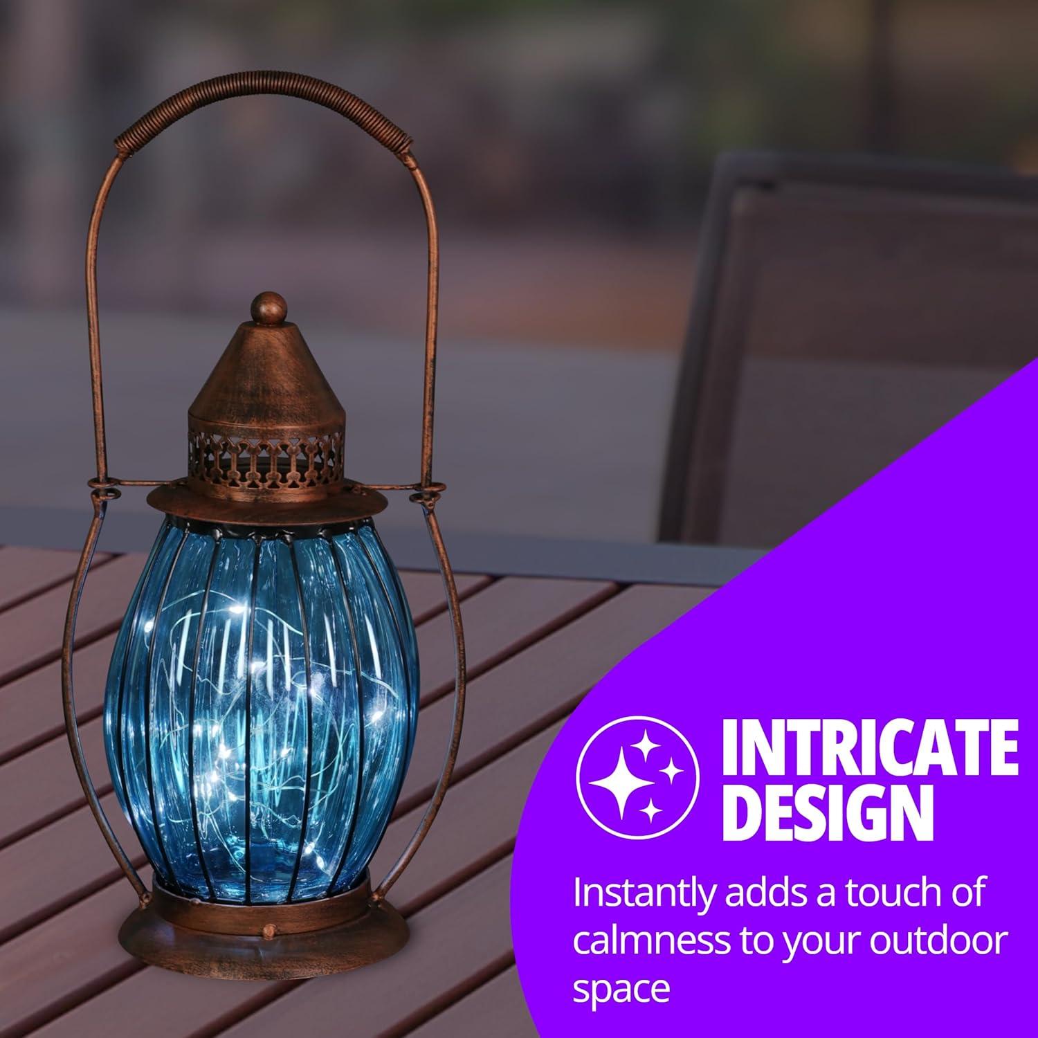 Exhart Exhart Solar Antique Metal and Glass Accent Lantern with Fifteen LED Fairy Firefly String Lights, 7 by 14"