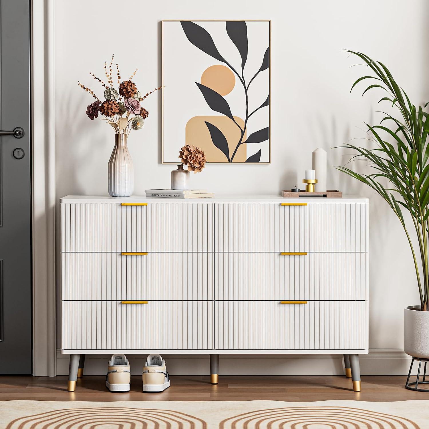 6 Drawer Dresser for Bedroom,Modern Bedroom Dresser,Fluted White and Gold Dresser with Curved Profile Design