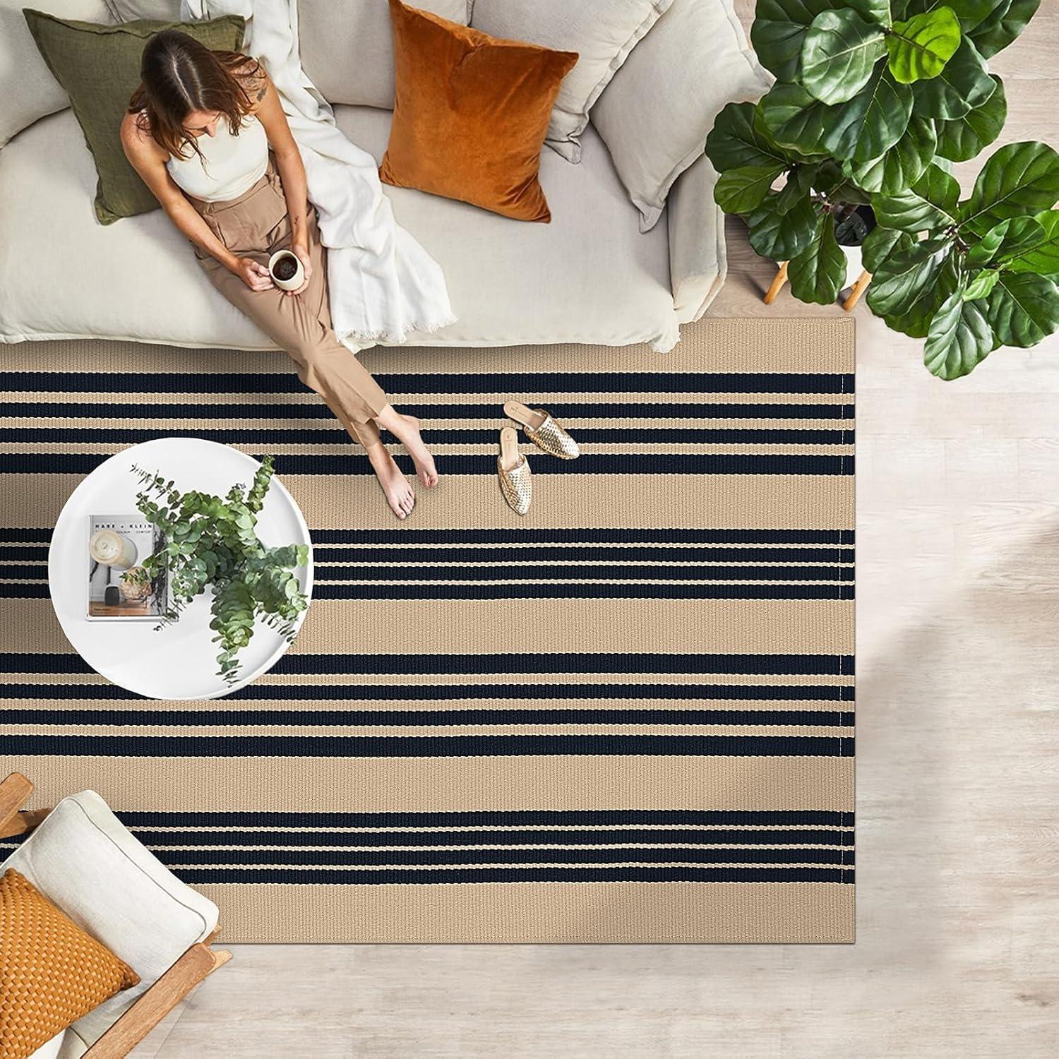IOHOUZE Navy and White Striped Rug 2'x3' Front Door Rugs, Small Washable Area Rug for Front Porch, Spring Summer Doormats Outdoor Indoor, Cotton Rugs for Entryway Porch Entrance